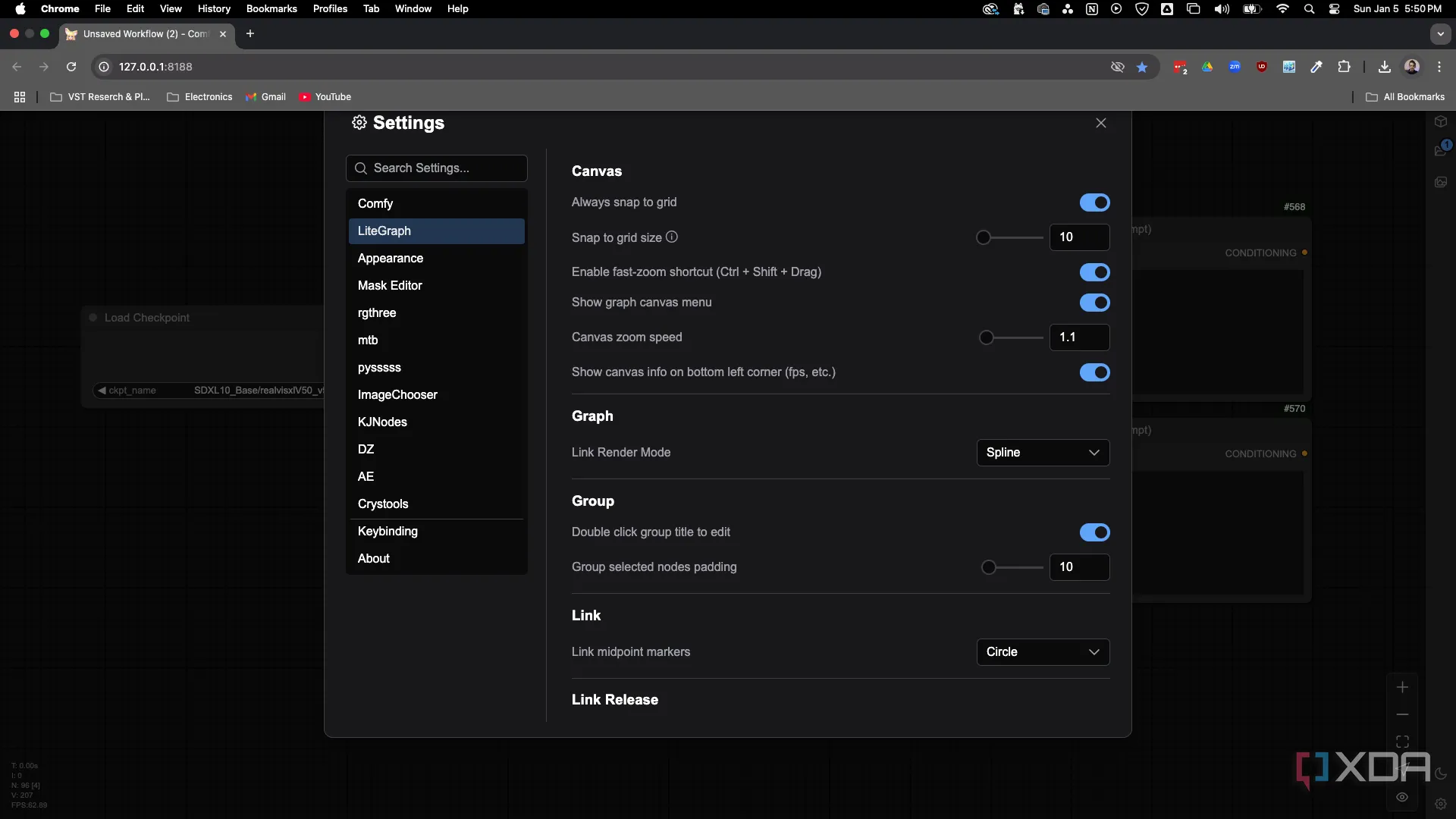 Cài đặt Snap to Grid trong menu LiteGraph của ComfyUI, giúp sắp xếp các node gọn gàng và dễ nhìn hơn