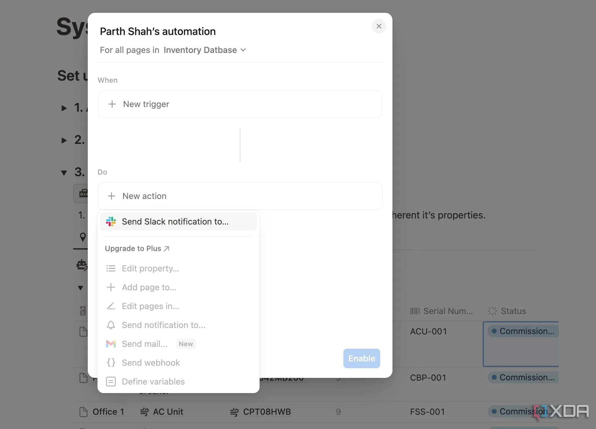 Cài đặt tự động hóa Notion cho database bảo trì, minh họa quy trình tạo quy tắc và hành động tự động