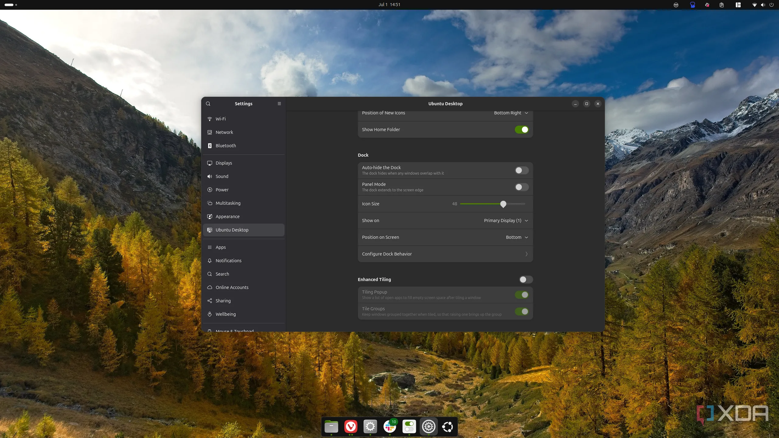 Cài đặt Ubuntu hiển thị tùy chọn vị trí dock và thanh tác vụ