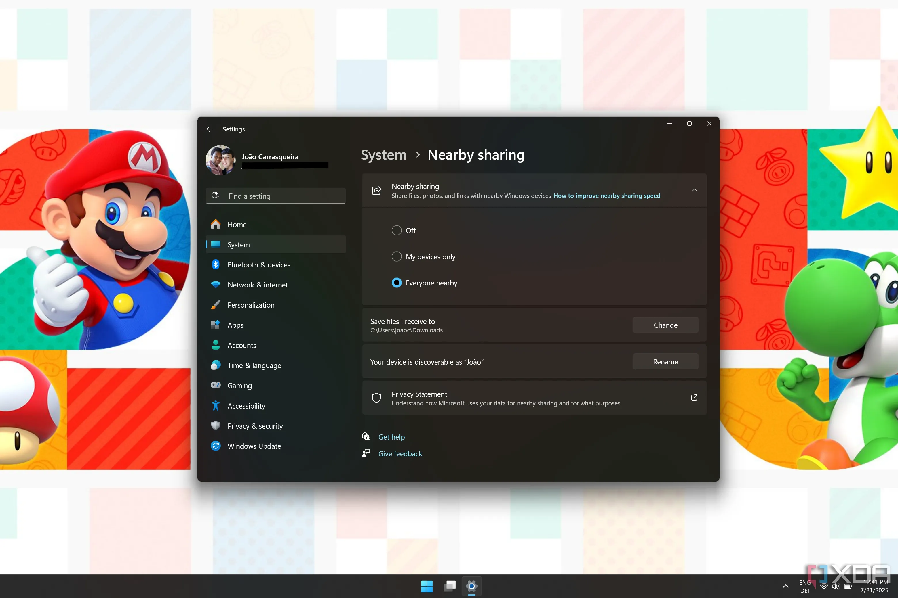 Cài đặt Windows 11 hiển thị tùy chọn chia sẻ lân cận được bật