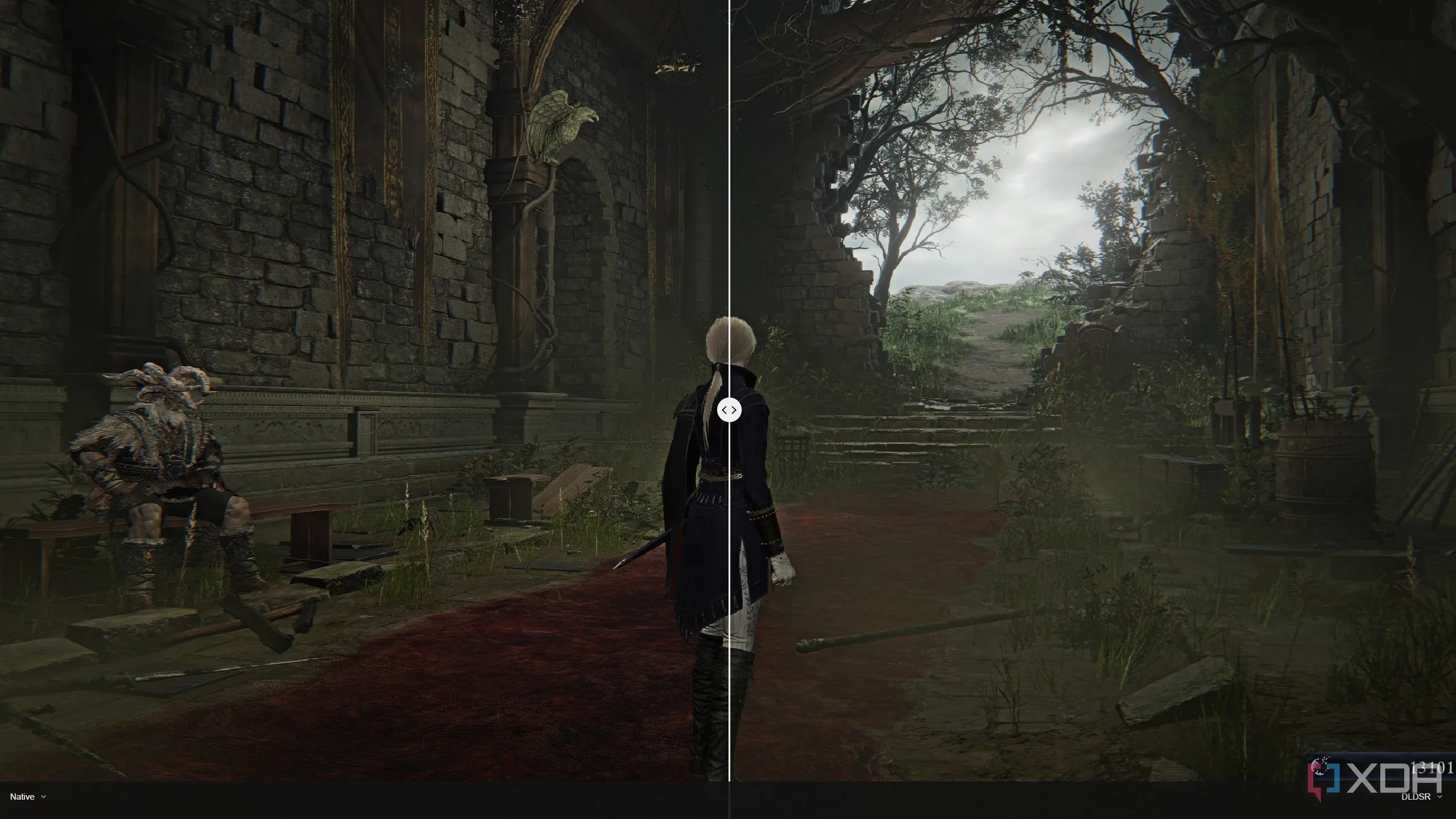 Cải thiện đáng kể chất lượng khử răng cưa với DLDSR trong game Elden Ring: Nightreign, làm mịn các cạnh răng cưa.