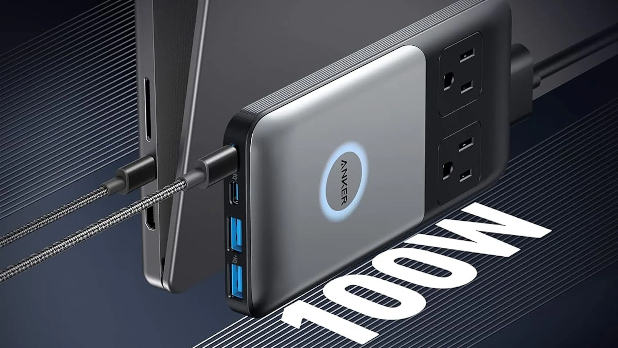 Cận cảnh các cổng kết nối USB-C, USB-A và ổ cắm AC trên trạm sạc Anker 727 tiện lợi