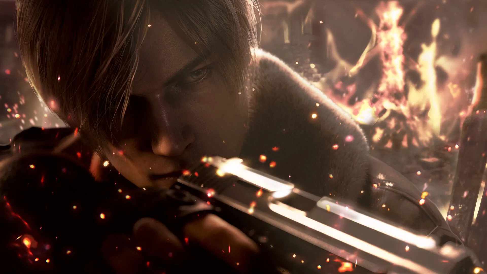 Cận cảnh Leon Kennedy trong game Resident Evil 4, một nhân vật game kinh điển.