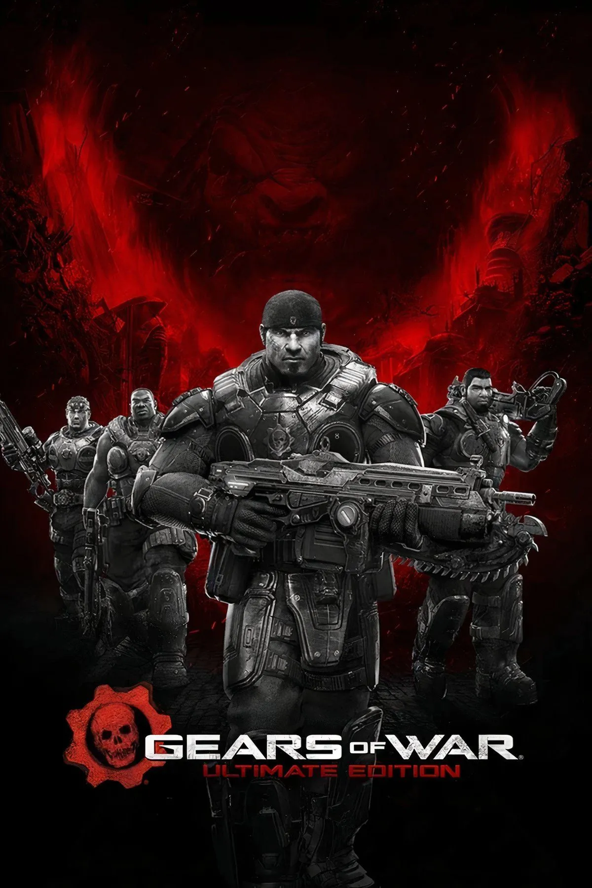 Cảnh chiến đấu căng thẳng trong Gears of War: Ultimate Edition với Marcus Fenix và Dominic Santiago đối đầu quái vật Locust, thể hiện lối chơi bắn súng co-op đầy kịch tính