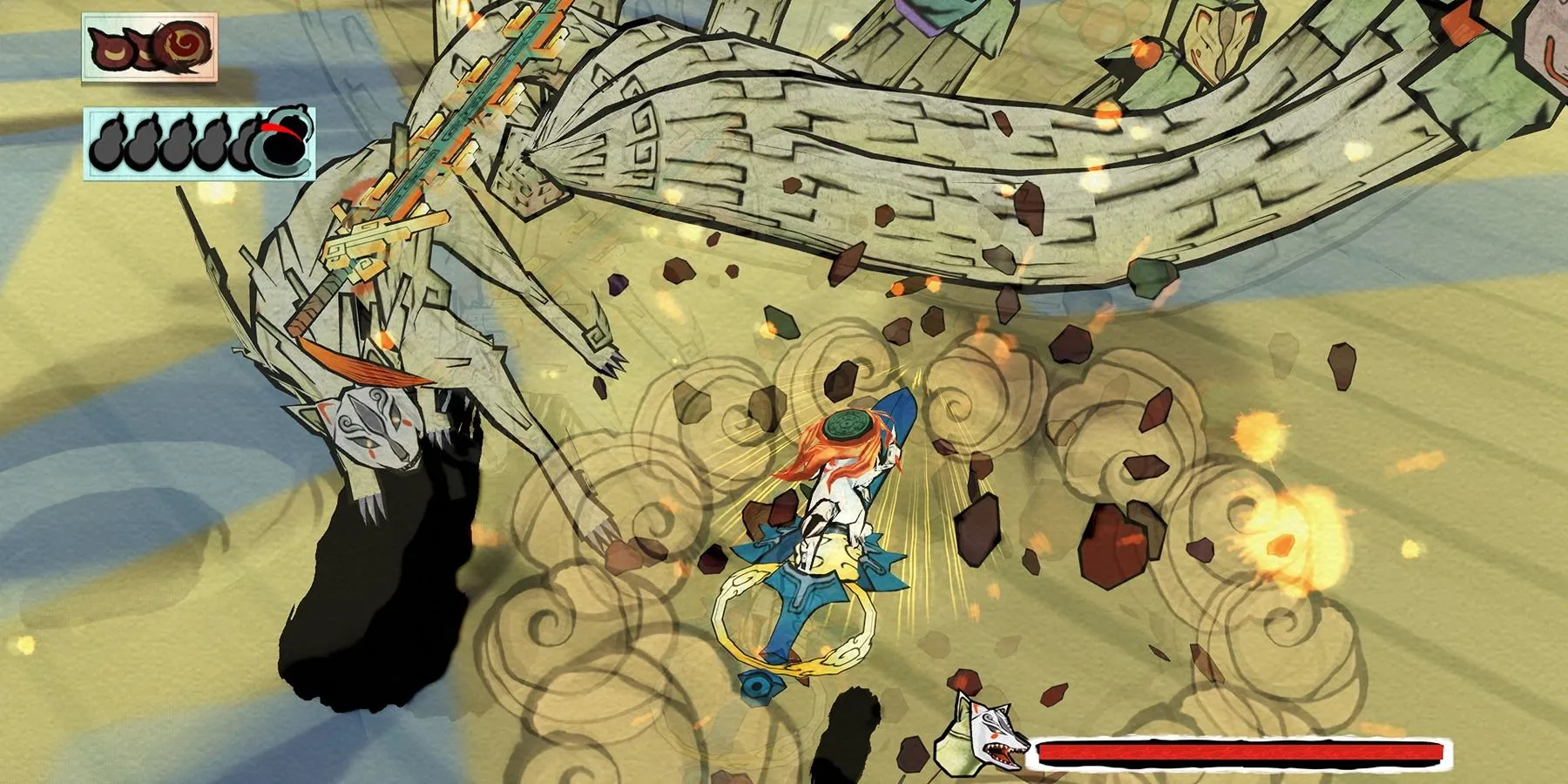 Cảnh chiến đấu kịch tính của Amaterasu và đồng đội Issun trong game Okami