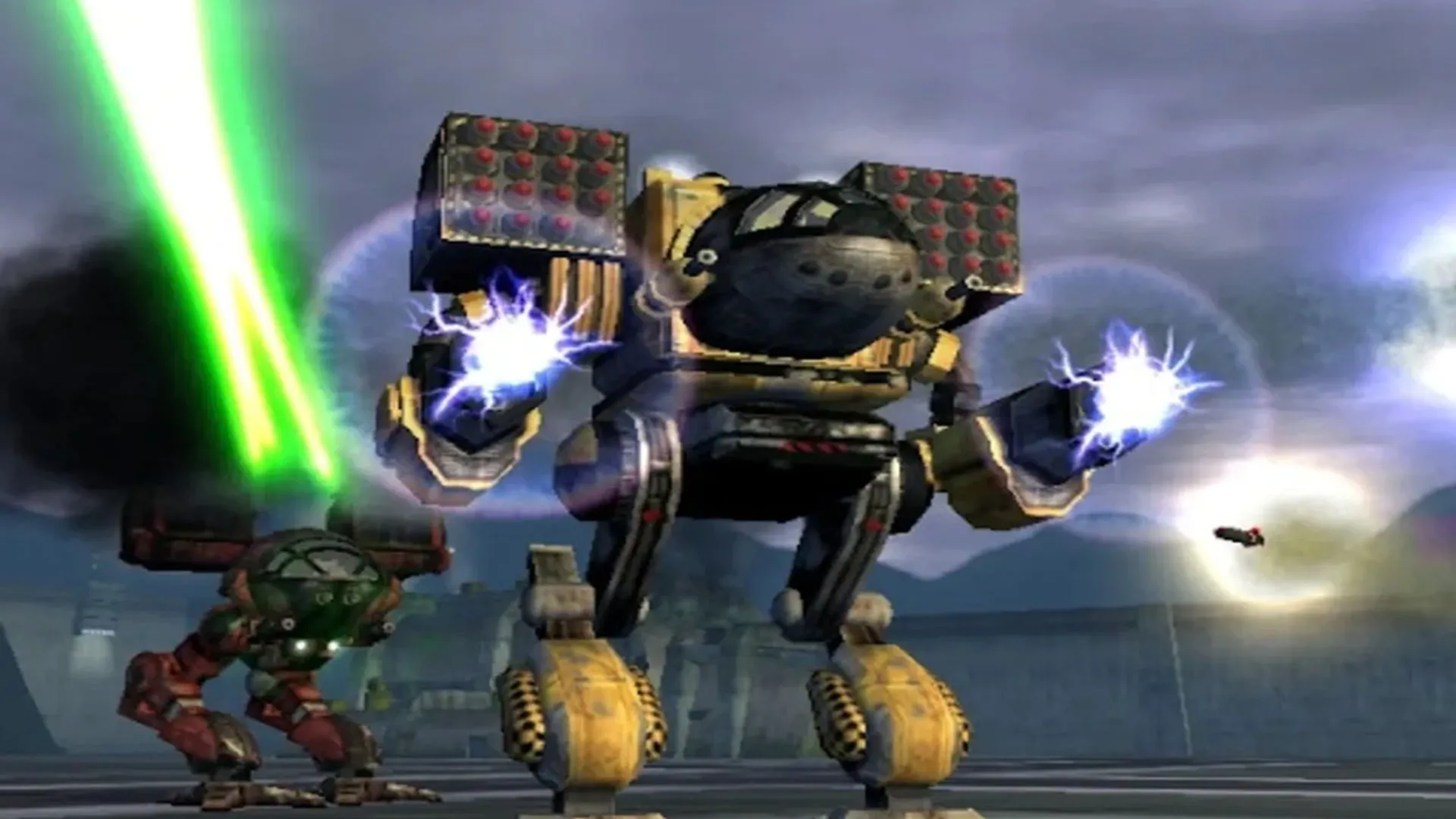 Cảnh chiến đấu kịch tính giữa hai cỗ máy chiến tranh trong tựa game MechAssault trên Xbox