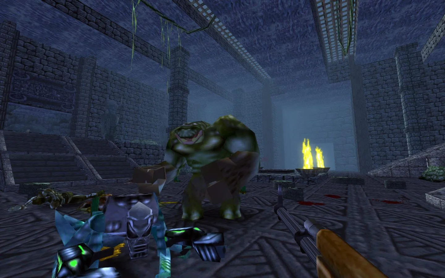 Cảnh chiến đấu kịch tính trong Turok: Dinosaur Hunter Remaster 2025, người chơi bắn quái vật đột biến trong hành lang cổ xưa