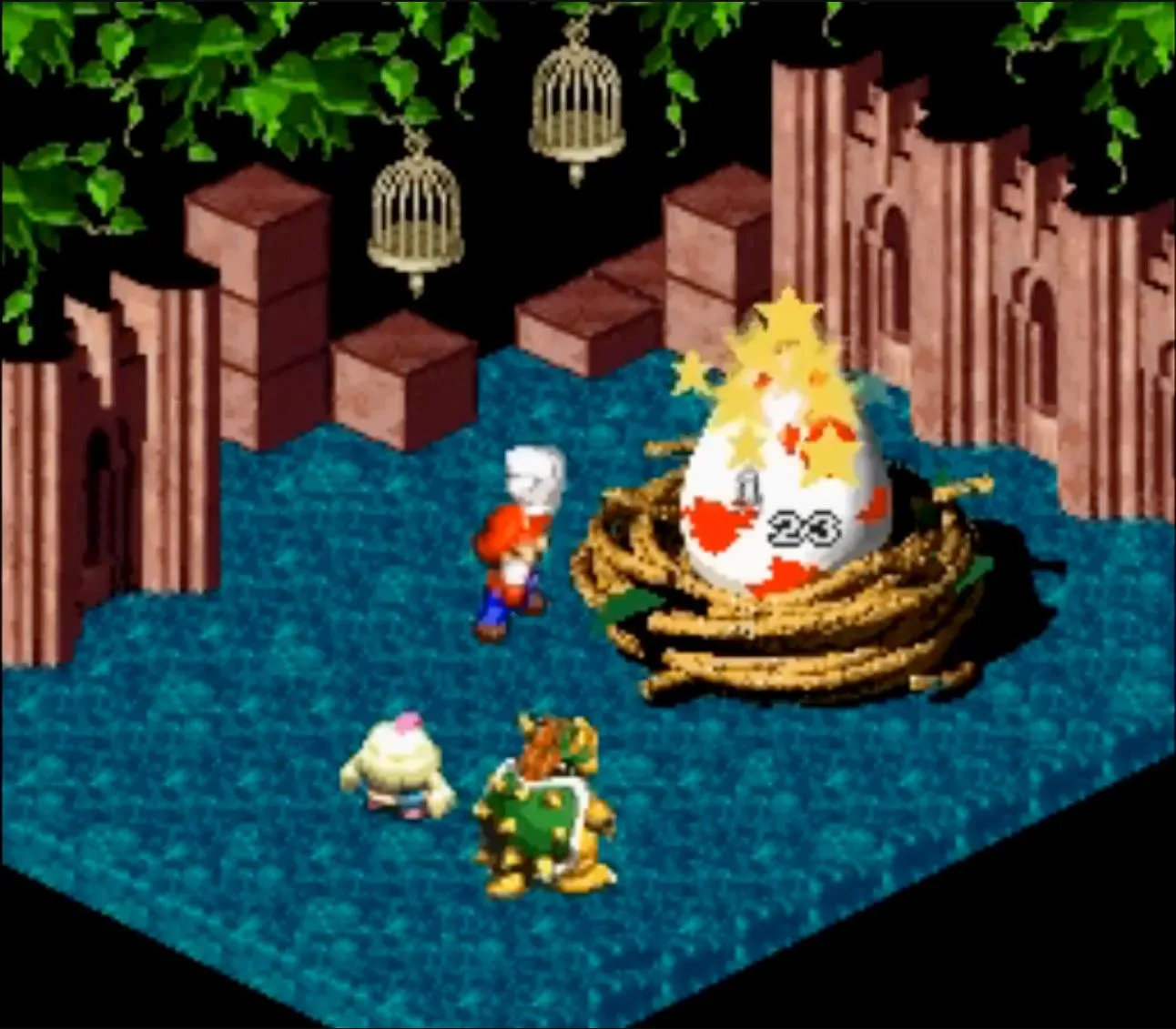 Cảnh chiến đấu trong game nhập vai Super Mario RPG trên hệ máy SNES