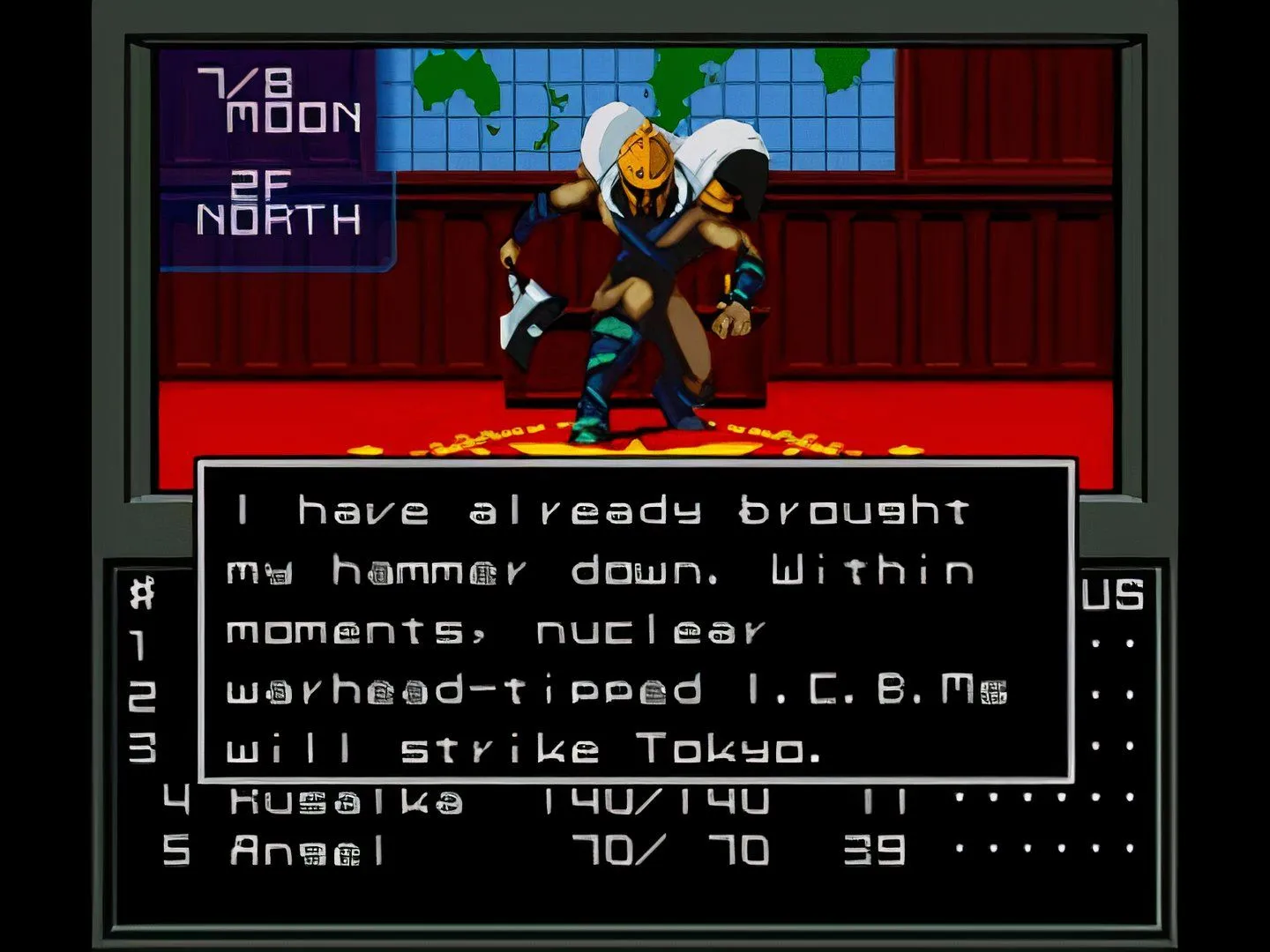 Cảnh chiến đấu trong game Shin Megami Tensei, một JRPG dungeon-crawling kinh điển