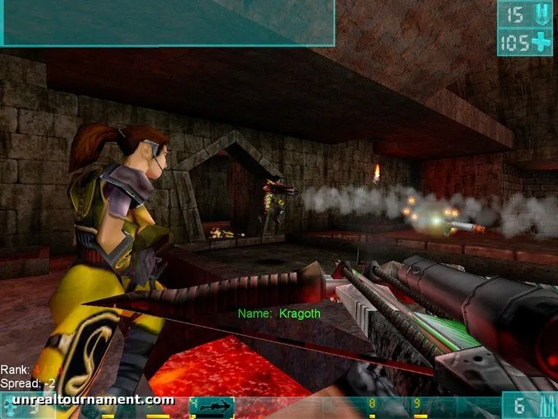 Cảnh chiến đấu trong game Unreal Tournament với nhân vật đang dùng súng plasma
