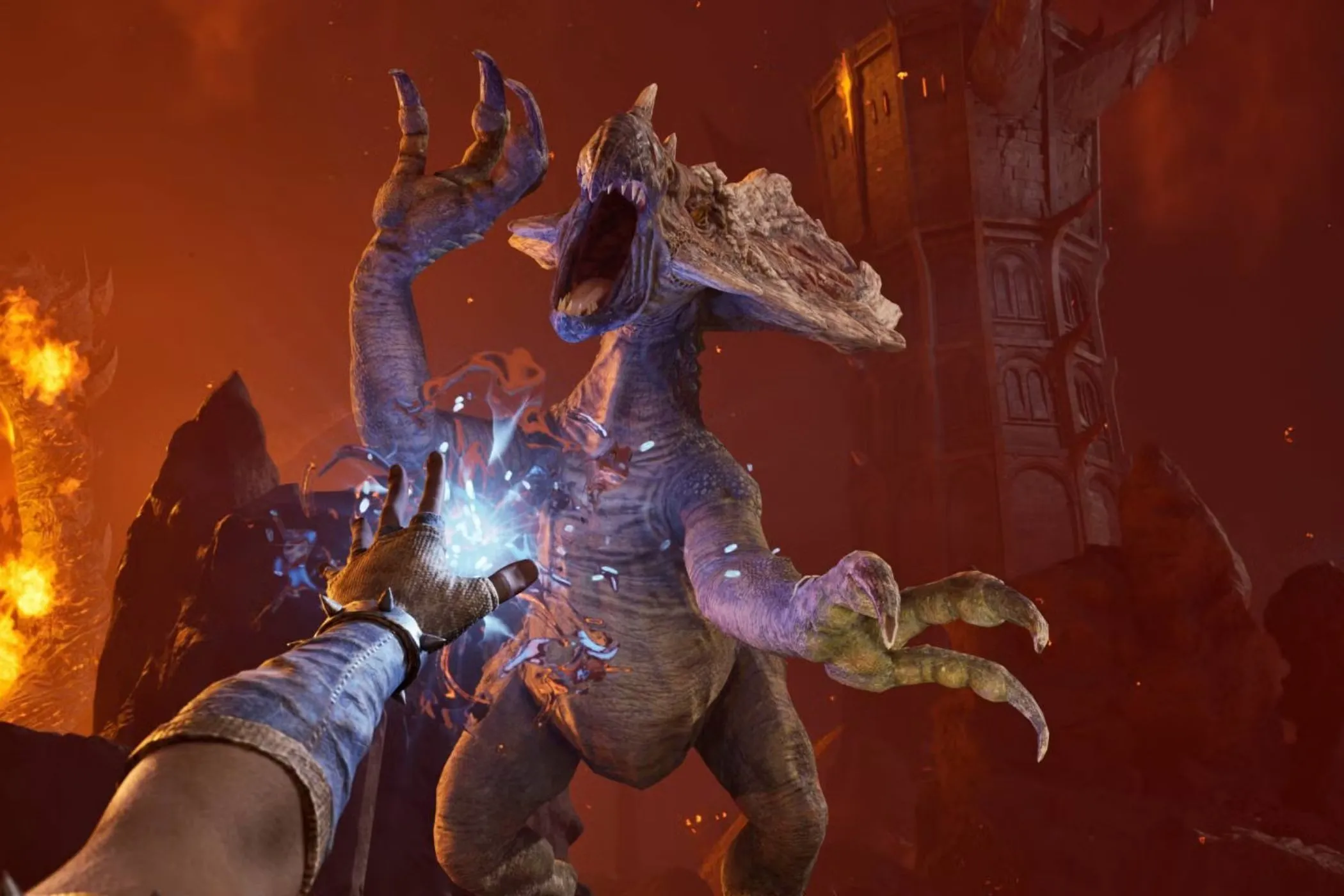 Cảnh chiến đấu trong Oblivion Remastered, người chơi sử dụng phép thuật đối đầu với khủng long.