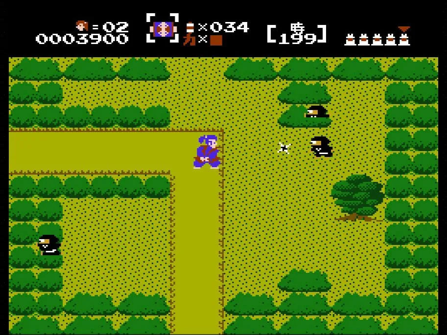 Cảnh chiến đấu trong The Mysterious Murasame Castle trên NES, game hành động phiêu lưu độc đáo.