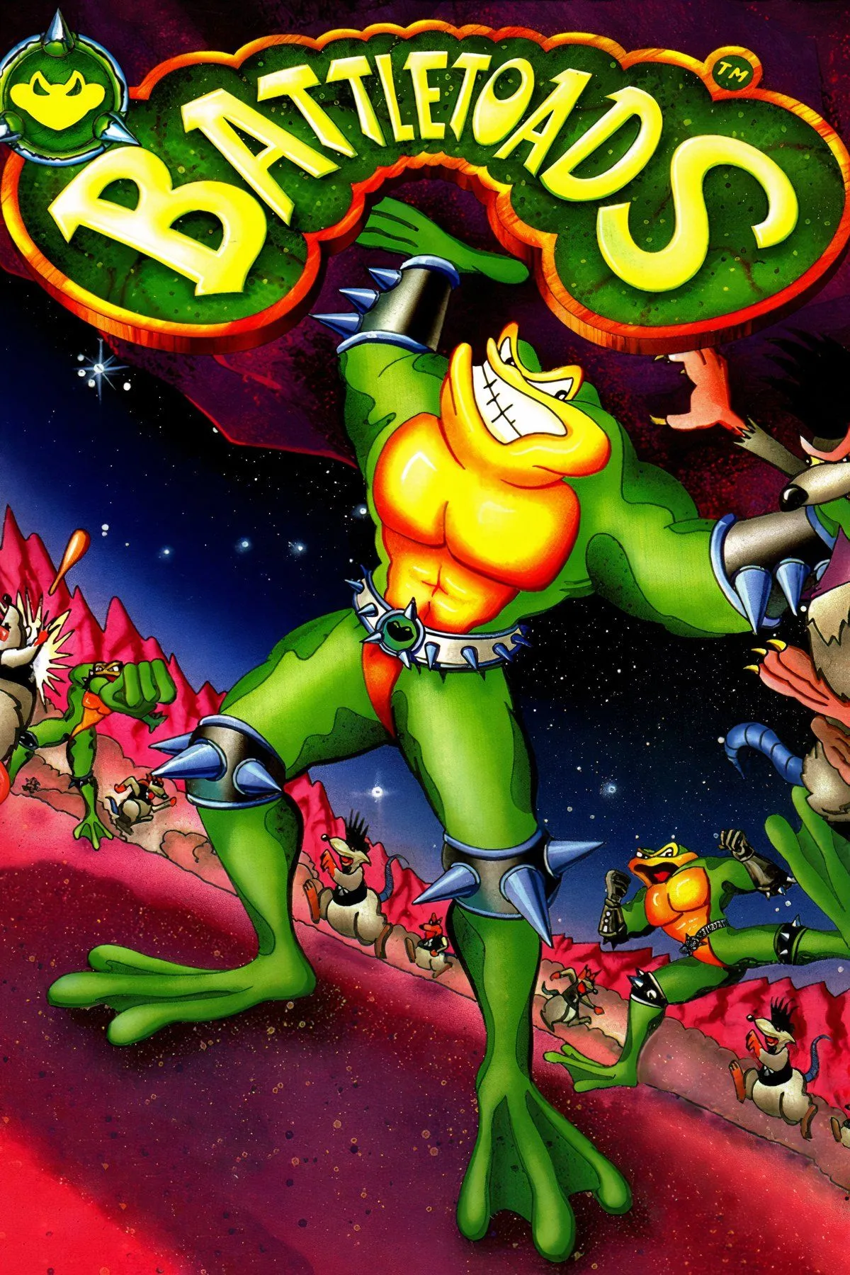 Cảnh chiến đấu và đua xe đầy thử thách trong tựa game Battletoads (1991)