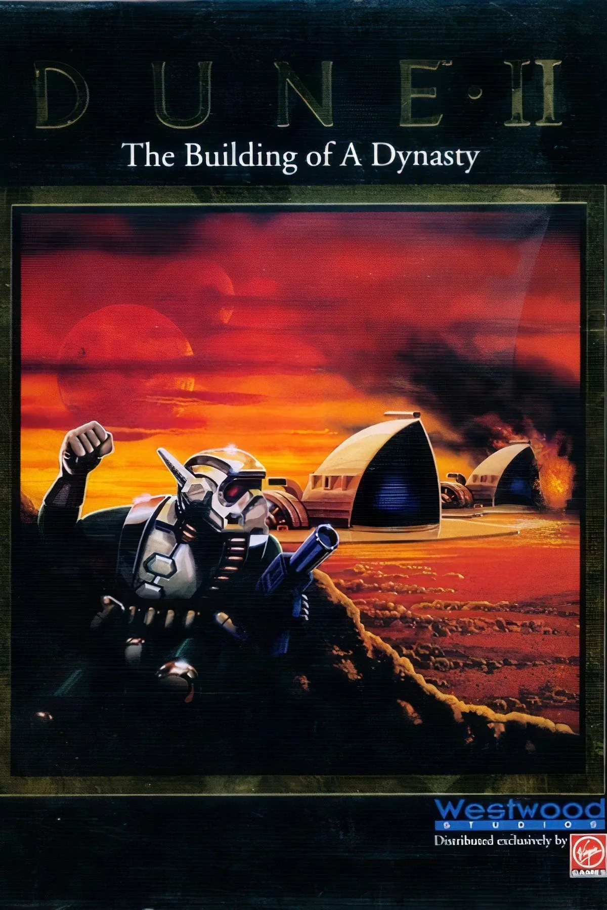 Cảnh chiến trường và căn cứ từ game chiến thuật Dune II: The Building of a Dynasty