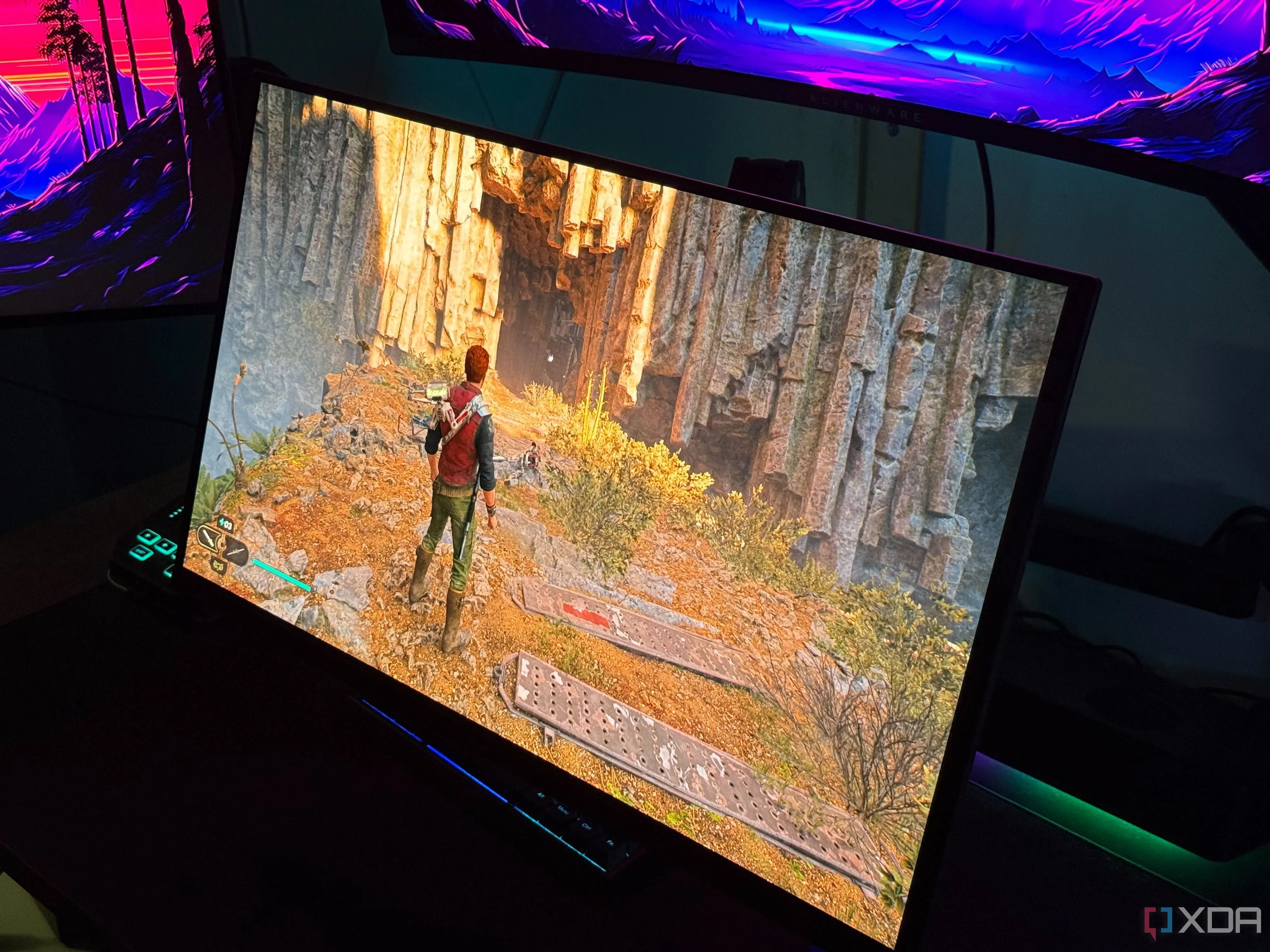 Cảnh chơi game Star Wars Jedi Survivor trên màn hình OLED, minh họa hiện tượng bóng mờ khi DLSS hoạt động.