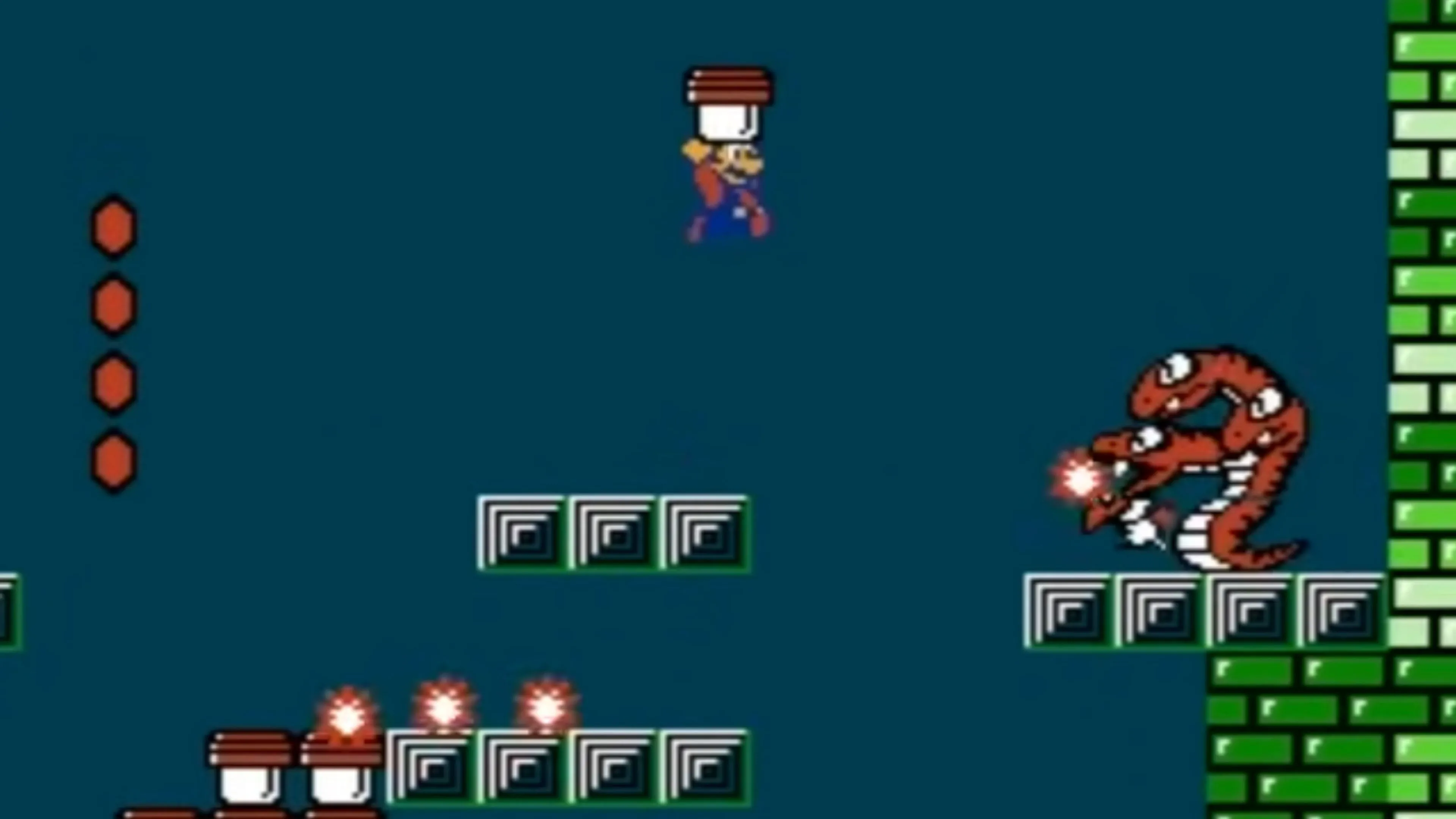 Cảnh chơi trong game Super Mario Bros. 2 với Mario nhảy qua chướng ngại vật