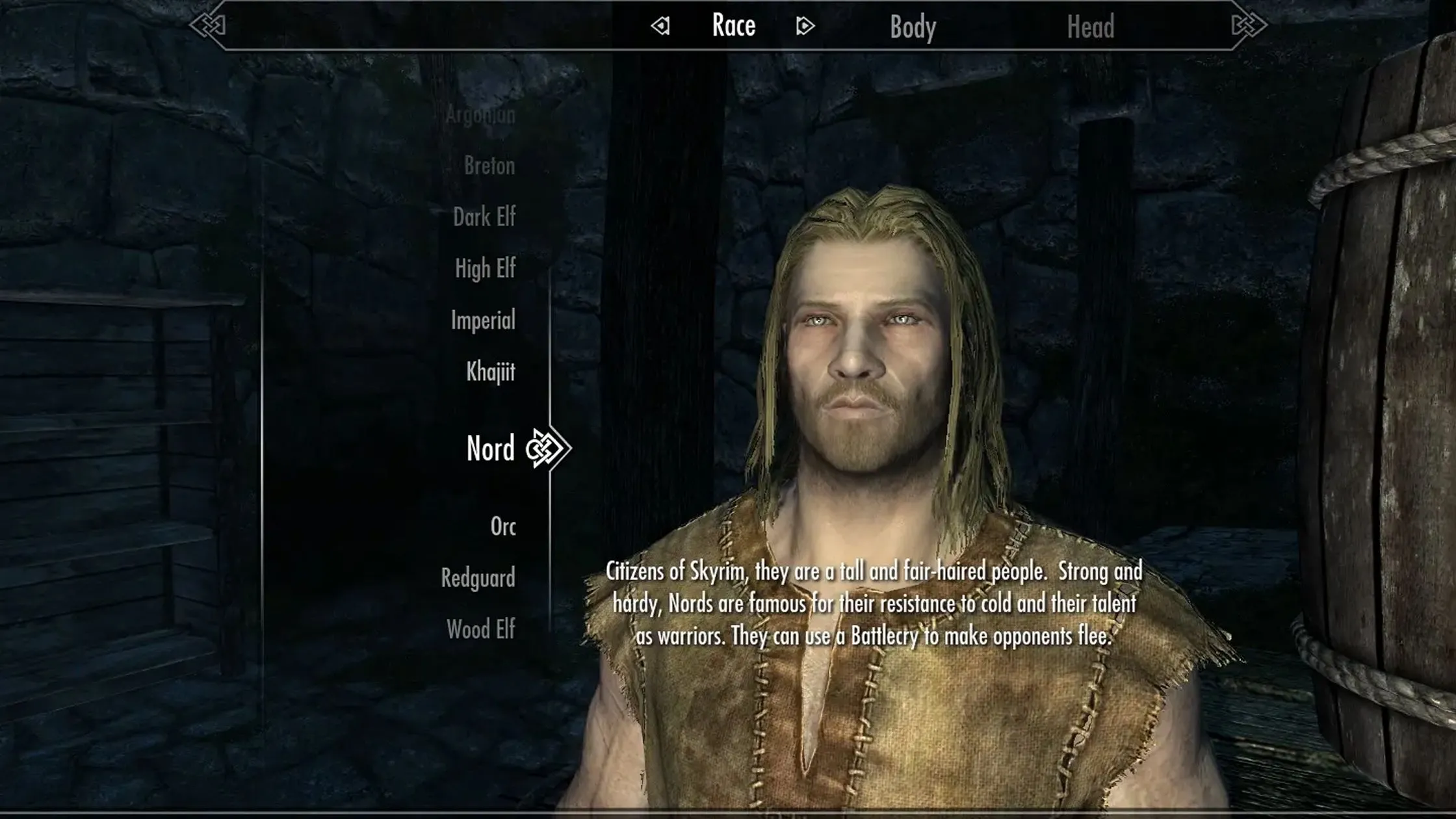 Cảnh chụp trong game của mod Alternate Start trong Skyrim, hiển thị các lựa chọn khởi đầu