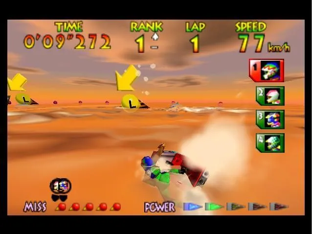Cảnh đua mô tô nước trong Wave Race 64, thể hiện hiệu ứng sóng nước tiên tiến trên Nintendo 64