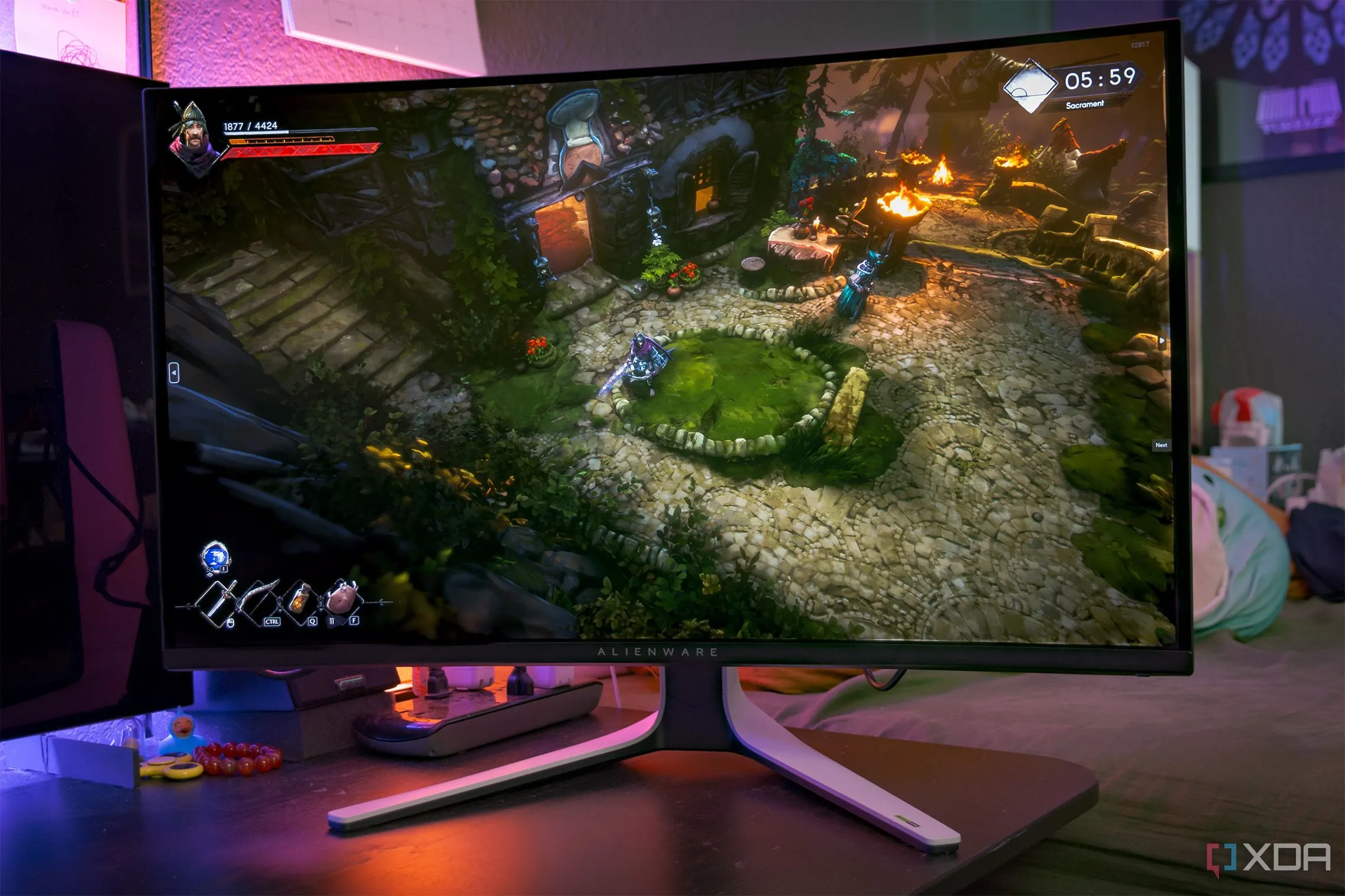Cảnh game đồ họa đỉnh cao hiển thị trên màn hình Dell AW3225QF, một lựa chọn cao cấp thay thế màn hình dual-mode.
