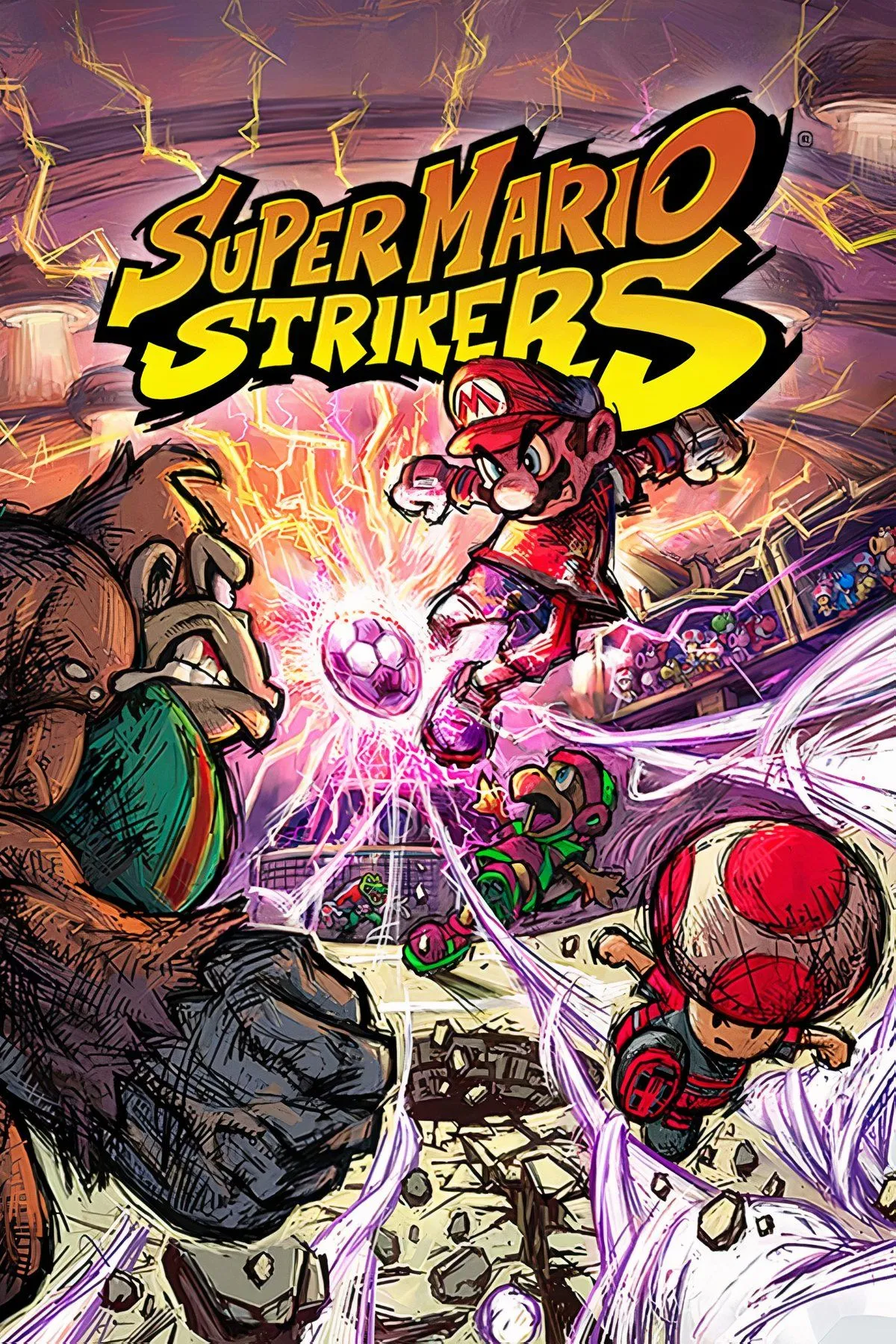 Cảnh game Super Mario Strikers với Mario và Donkey Kong trong trận bóng đá