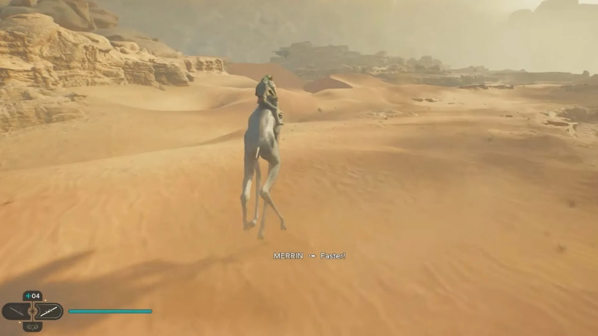 Cảnh gameplay nhân vật Cal Kestis cưỡi sinh vật băng qua vùng sa mạc rộng lớn của hành tinh Jedha trong Star Wars Jedi: Survivor.