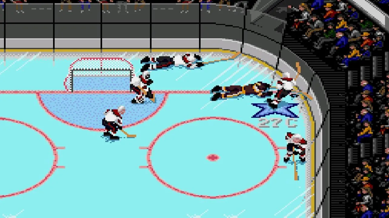 Cảnh gameplay NHL '94 với các cầu thủ khúc côn cầu đang tranh giành bóng