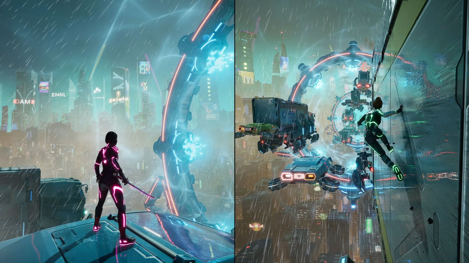 Cảnh gameplay Split Fiction với nhân vật nữ di chuyển trên một con tàu không gian đổ nát, tạo cảm giác phiêu lưu và thách thức