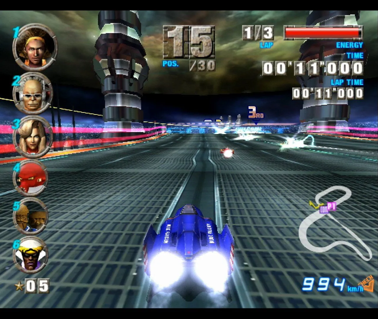 Cảnh gameplay tốc độ cao của F-Zero GX, thể hiện các phi thuyền đua siêu tốc trên một đường đua tương lai đầy màu sắc.