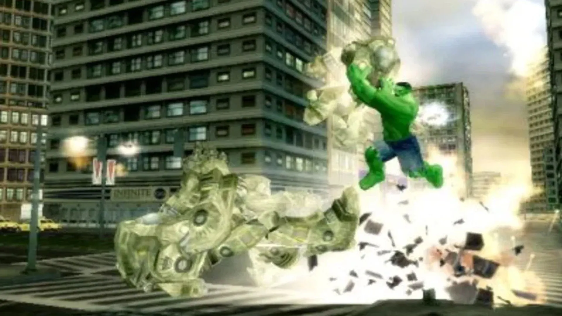 Cảnh gameplay từ The Incredible Hulk: Ultimate Destruction, thể hiện Hulk phá hủy môi trường trong thế giới mở