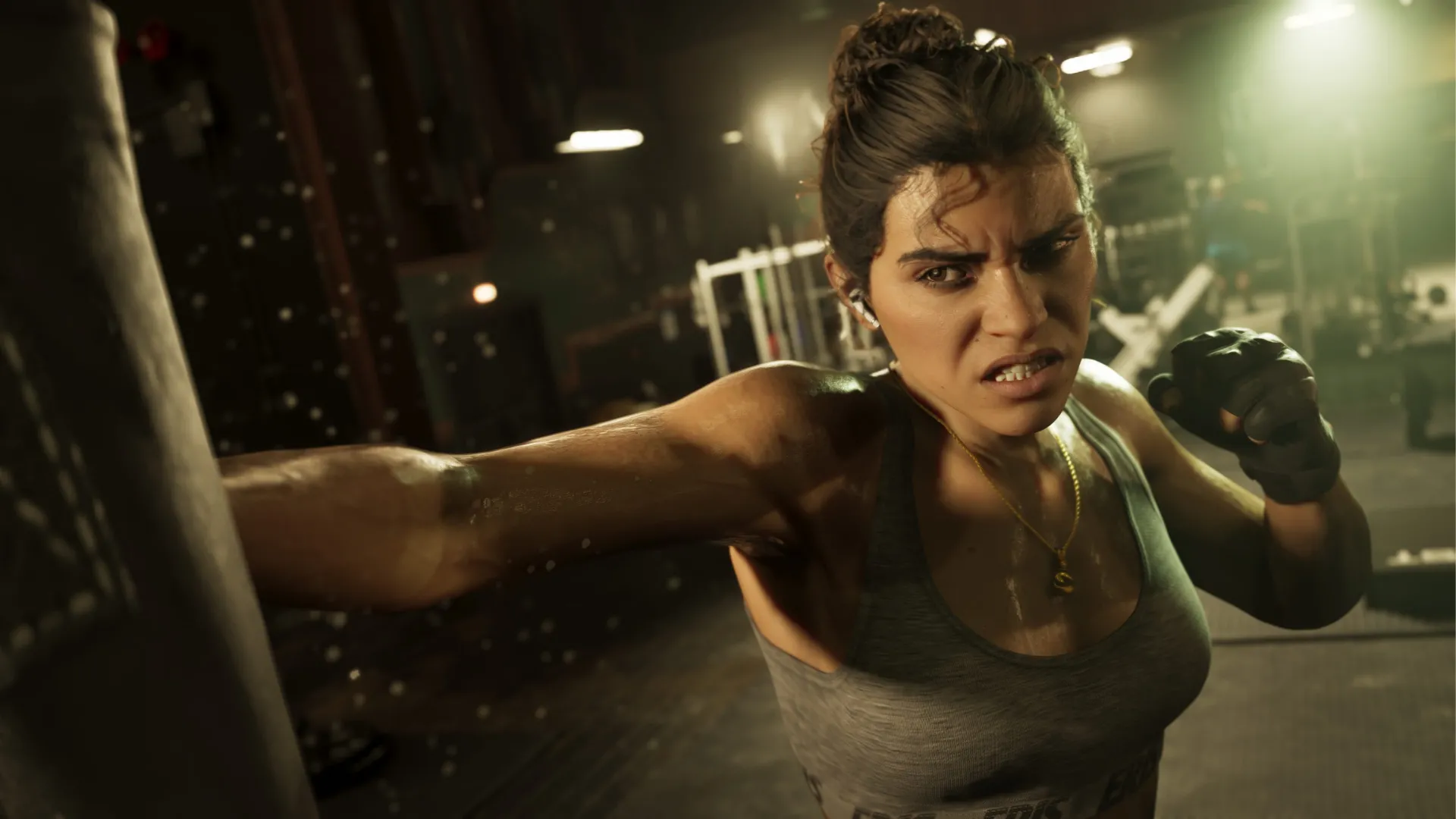 Cảnh Lucia đang tập đấm bốc trong phòng gym ở Grand Theft Auto VI