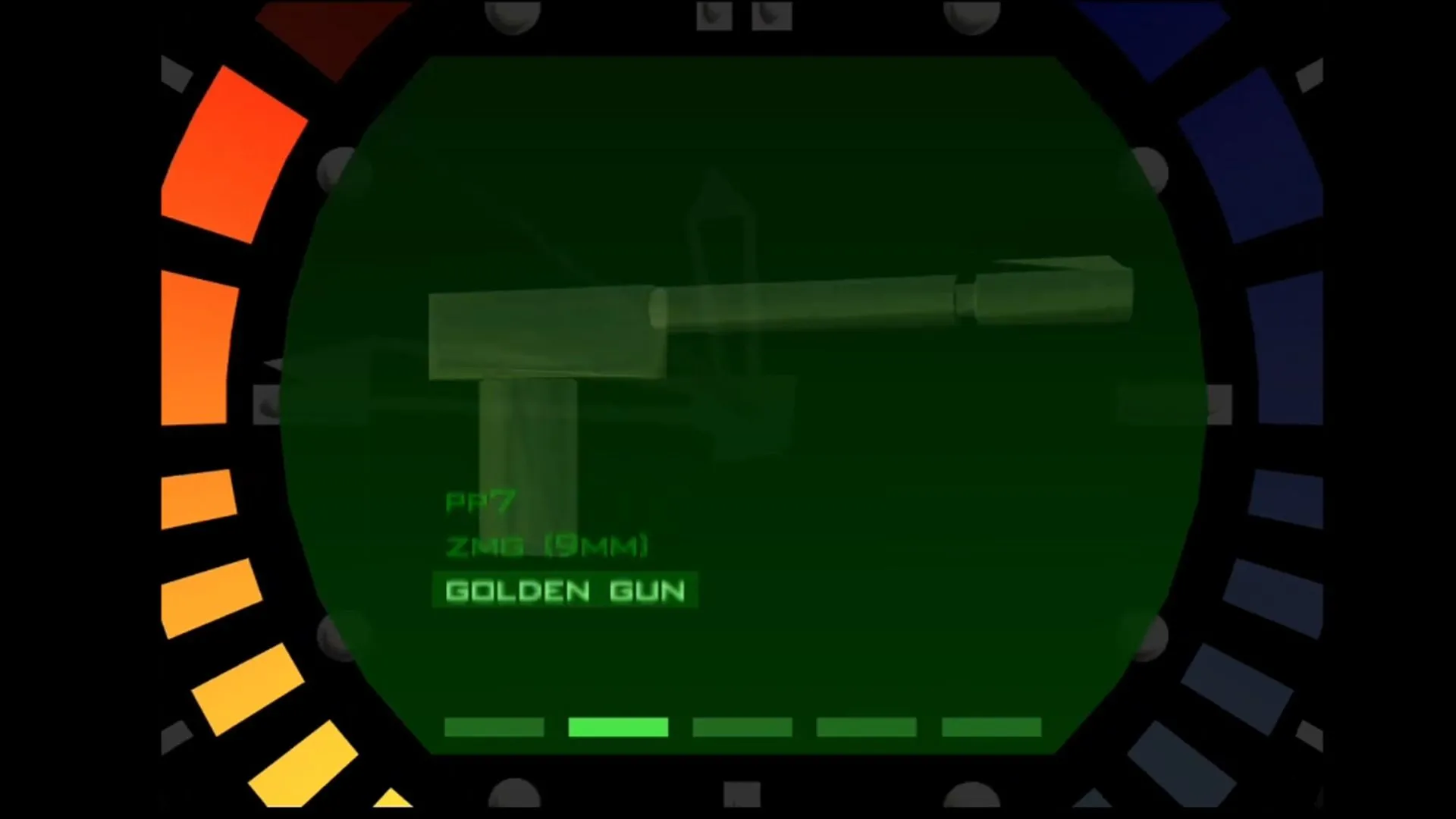 Cảnh menu lựa chọn Golden Gun trong game GoldenEye 007 trên Nintendo 64, vũ khí biểu tượng với khả năng tiêu diệt đối thủ chỉ bằng một phát đạn.