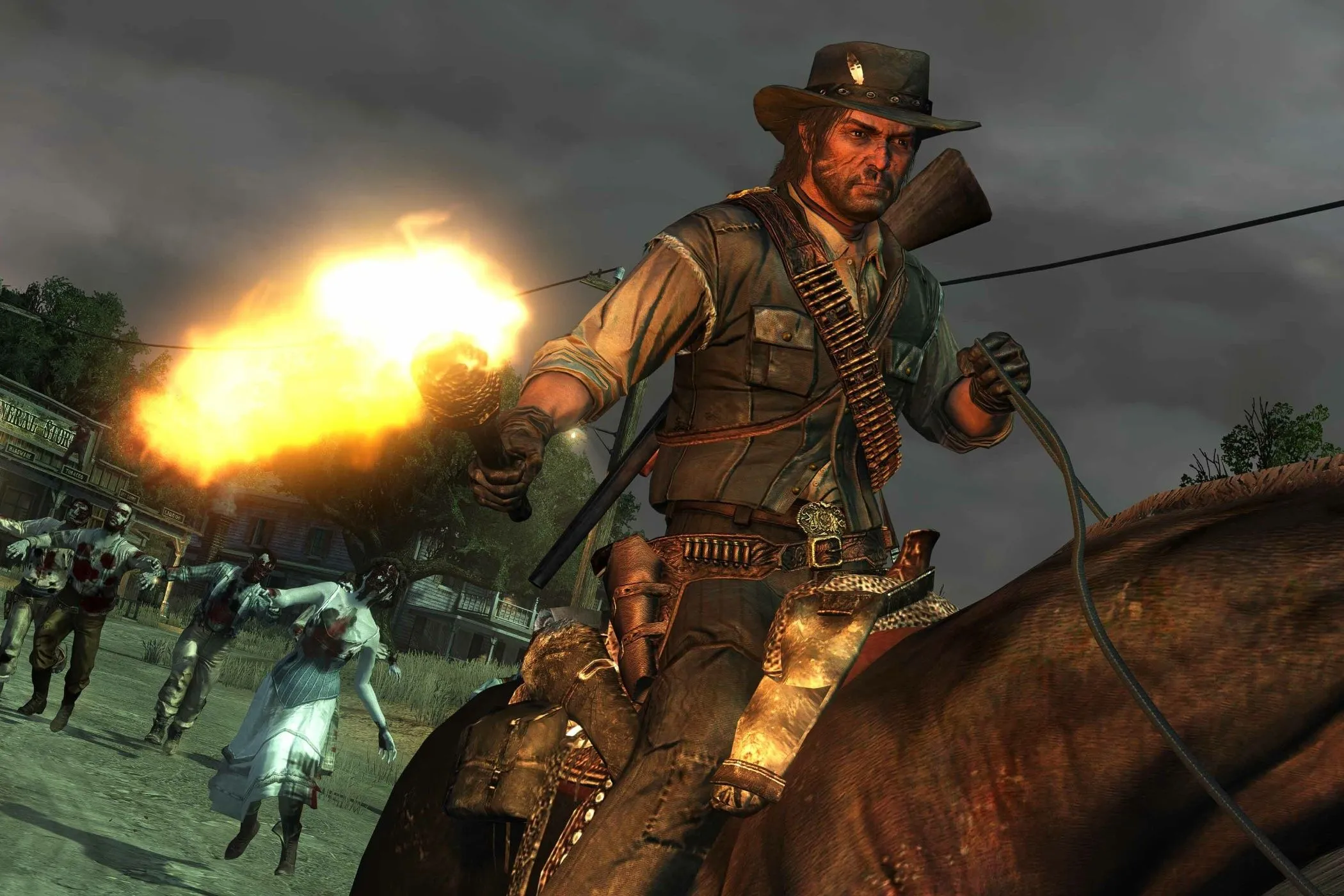 Cảnh người cưỡi ngựa cầm đuốc chống lại zombie trong Red Dead Redemption Undead Nightmare, minh họa cho game có tầm ảnh hưởng