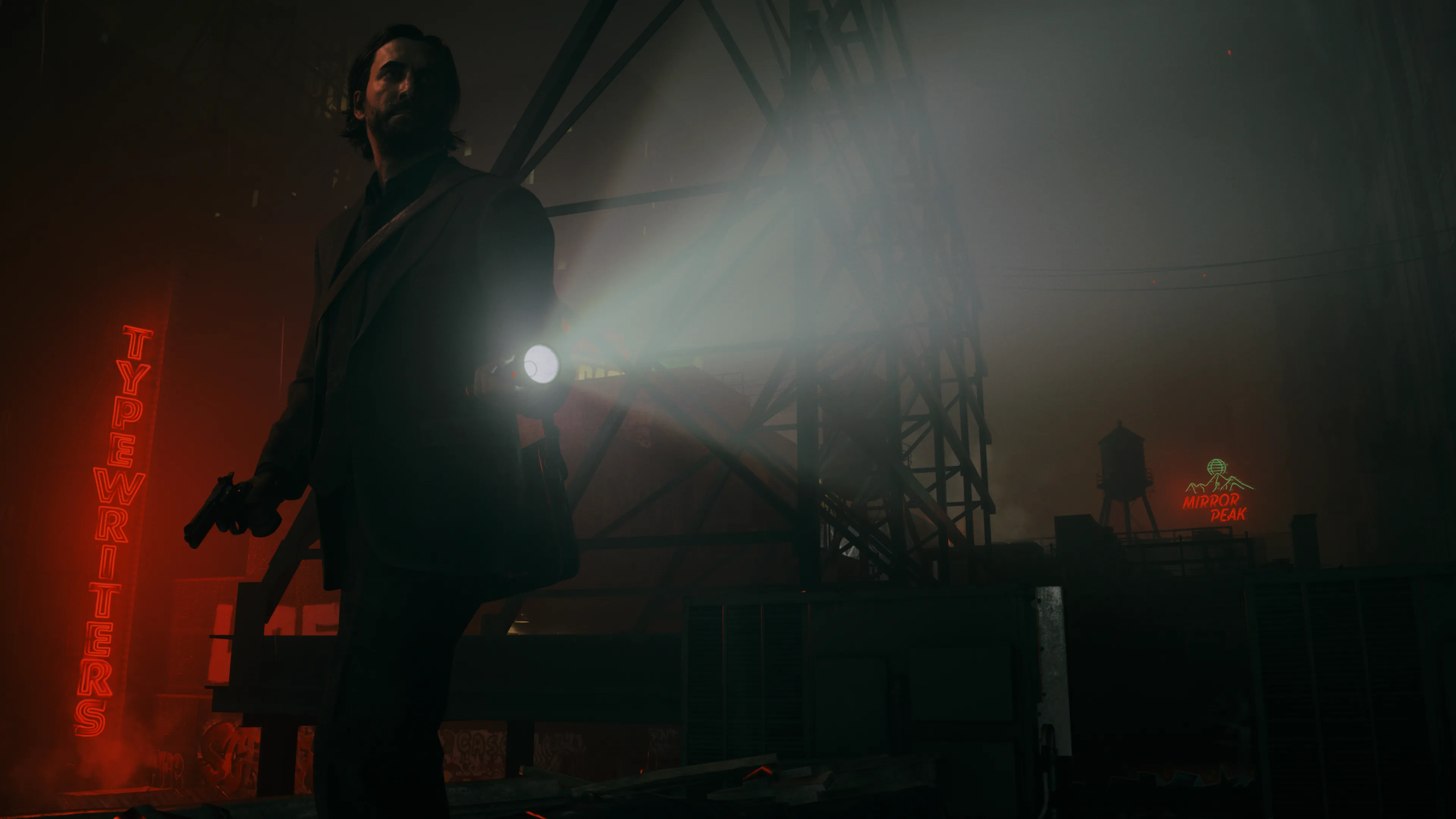 Cảnh trong game Alan Wake 2 với nhân vật cầm đèn pin, minh họa đồ họa game chất lượng cao dù có thể không cần cài đặt tối đa