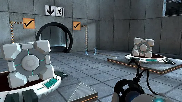Cảnh trong game Portal, với hai khối lập phương được đặt trên công tắc áp lực để mở cửa, minh họa lối chơi giải đố thông minh