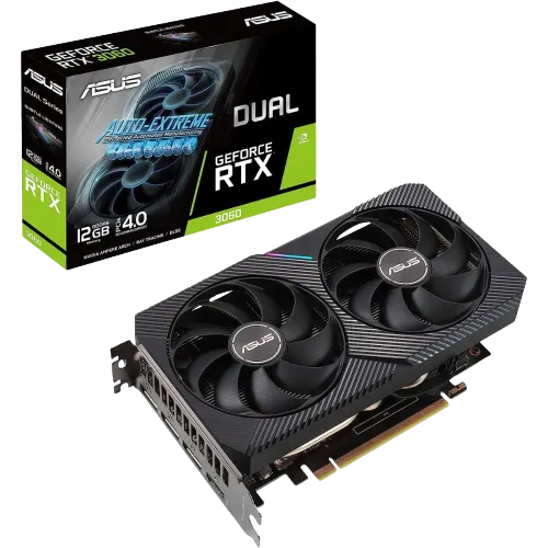 Card đồ họa Asus Dual GeForce RTX 4060 V2 OC bên cạnh hộp bán lẻ, đại diện cho phần cứng PC gaming hiện đại