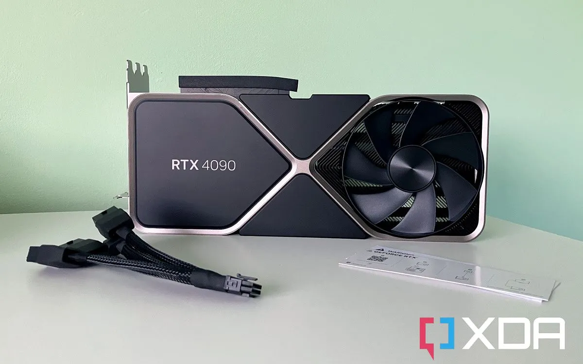 Card đồ họa Nvidia RTX 4090 với các cổng kết nối và dây nguồn