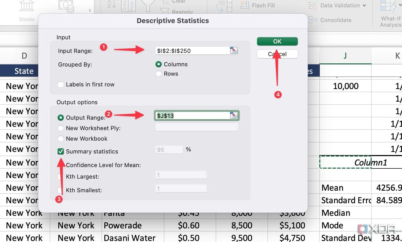 Cấu hình các tùy chọn cho Descriptive Statistics trong Excel, bao gồm phạm vi đầu vào và đầu ra