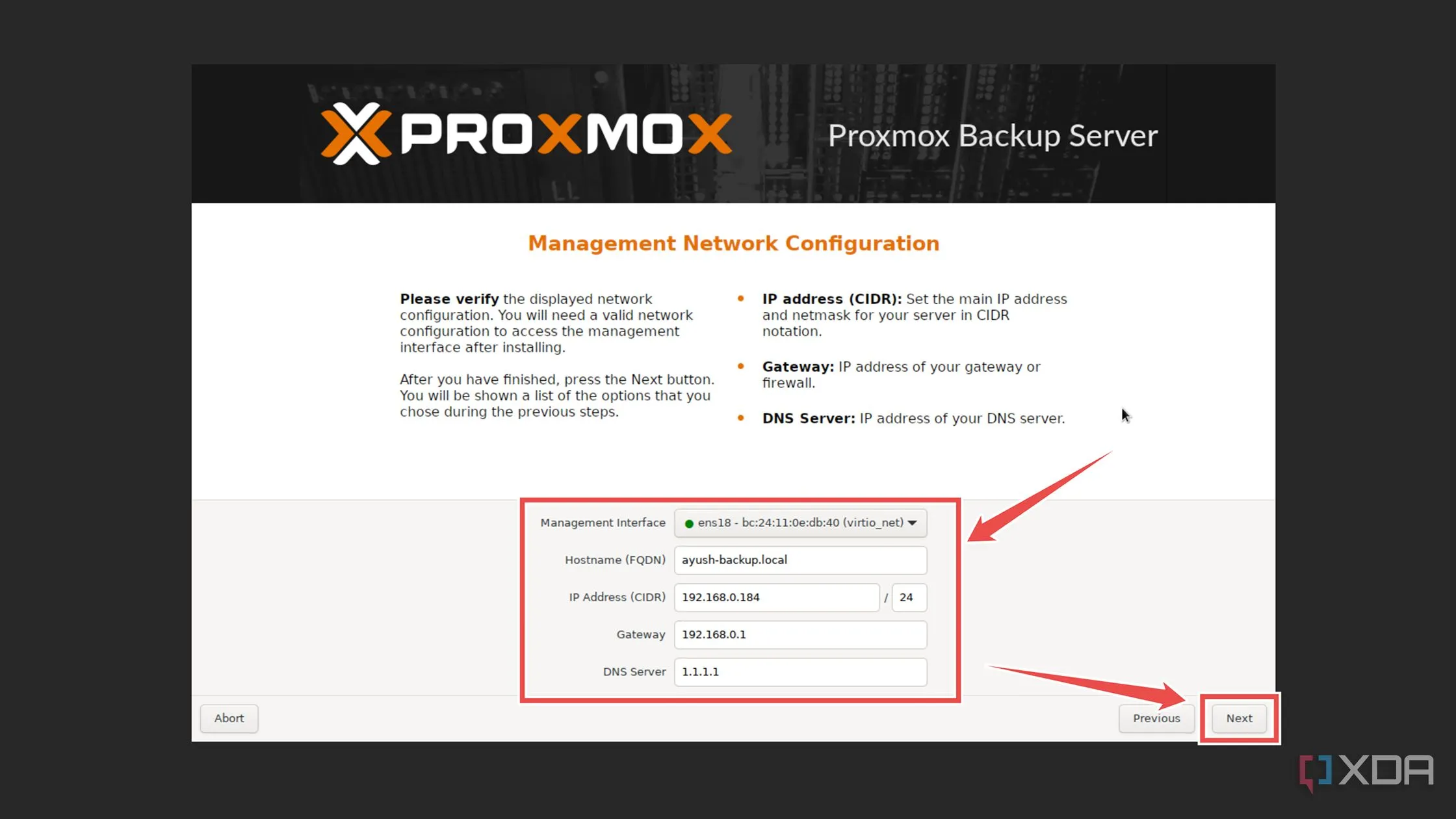 Cấu hình các tùy chọn mạng như IP, Gateway, DNS và Hostname trong quá trình cài đặt PBS.