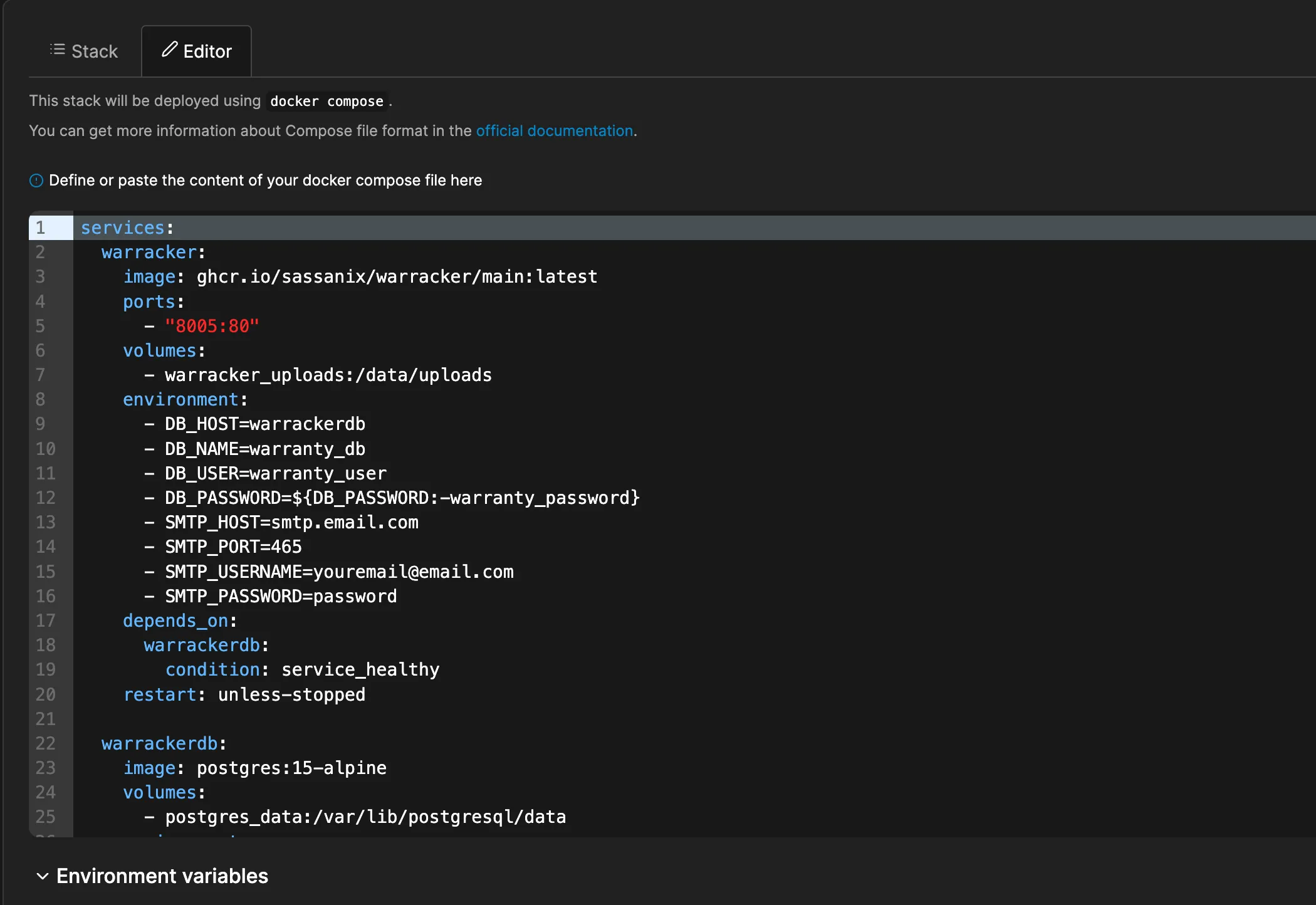 Cấu hình Docker Compose của Warracker được triển khai trên Portainer, cho thấy quá trình cài đặt đơn giản.