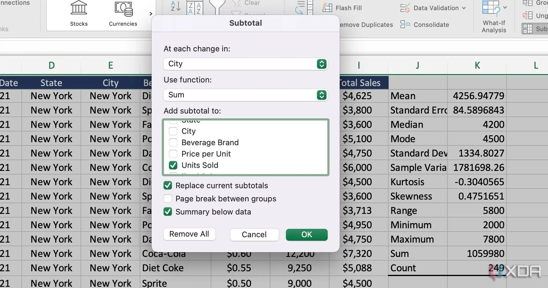 Cấu hình menu Subtotal trong Excel với các tùy chọn nhóm và tính tổng phụ