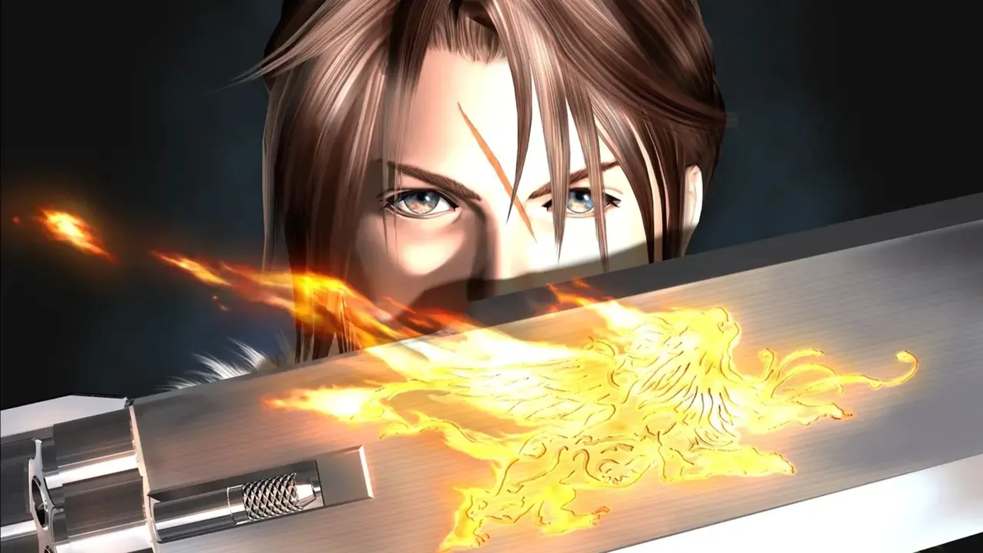 Chân dung nhân vật Squall Leonhart từ Final Fantasy VIII với súng kiếm Gunblade
