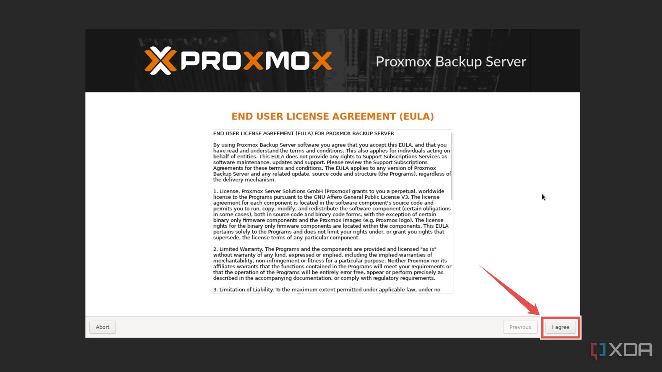 Chấp nhận Thỏa thuận Giấy phép Người dùng Cuối (EULA) của Proxmox Backup Server.