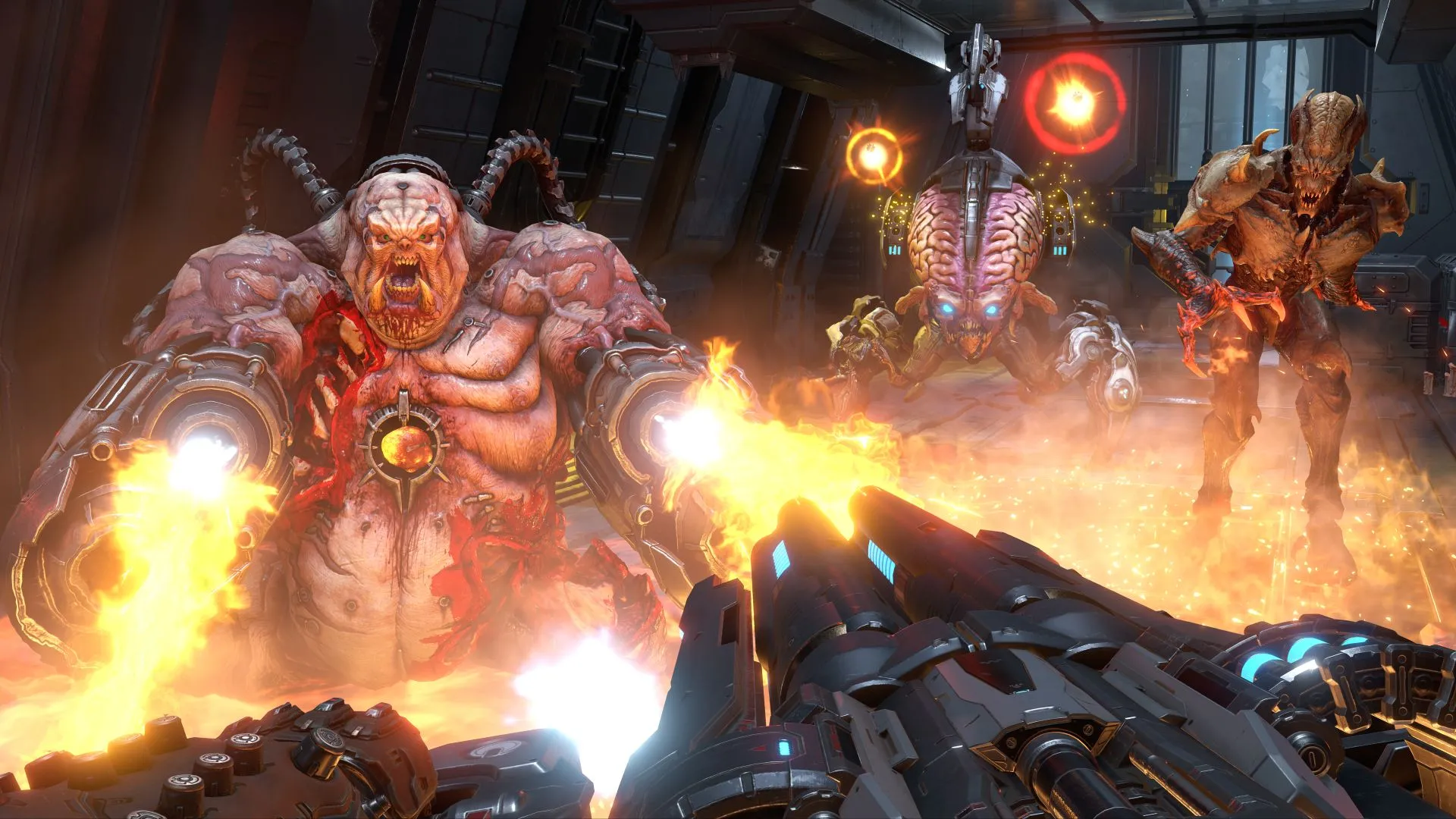 Chế độ multiplayer Battlemode của Doom Eternal với ba quỷ dữ chiến đấu chống lại Doom Slayer