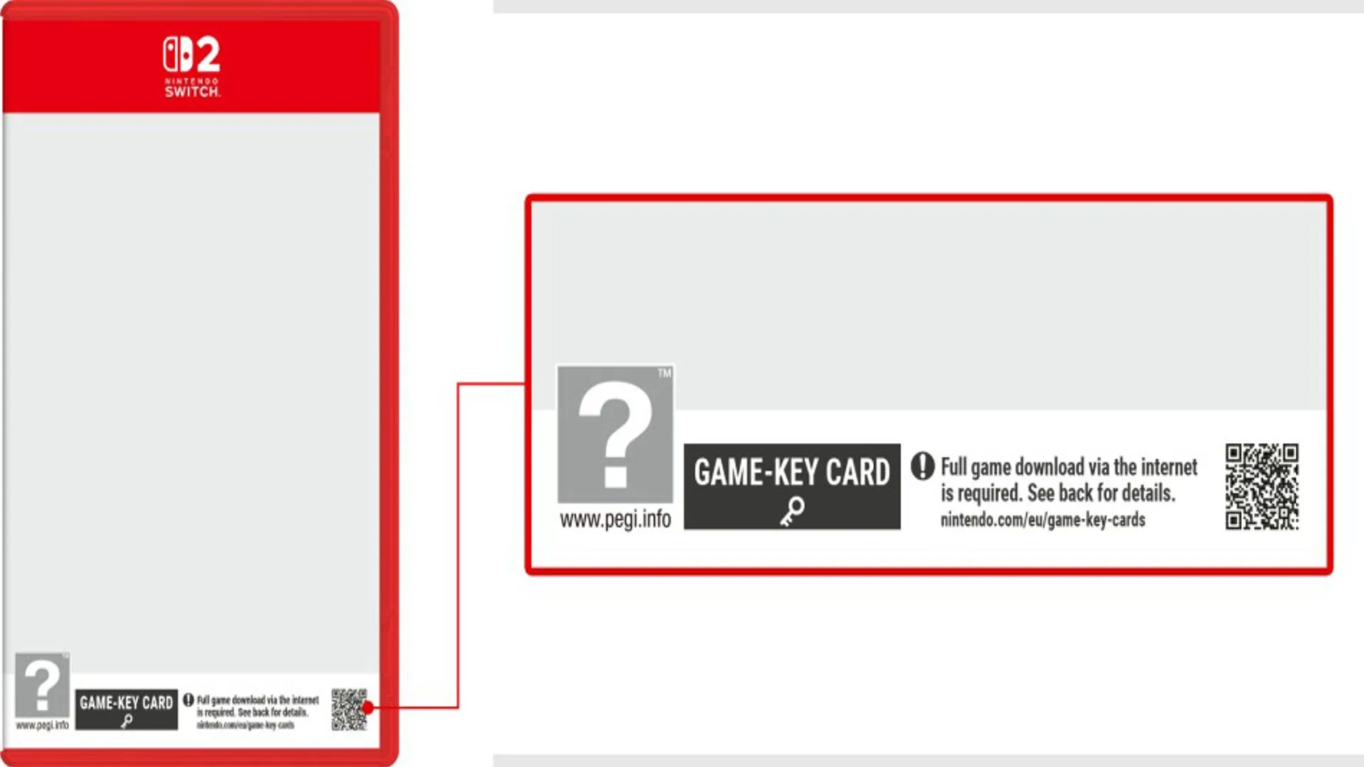 Chi tiết về thẻ key game Nintendo Switch 2 hiển thị yêu cầu dung lượng và kết nối internet để tải xuống bản kỹ thuật số.