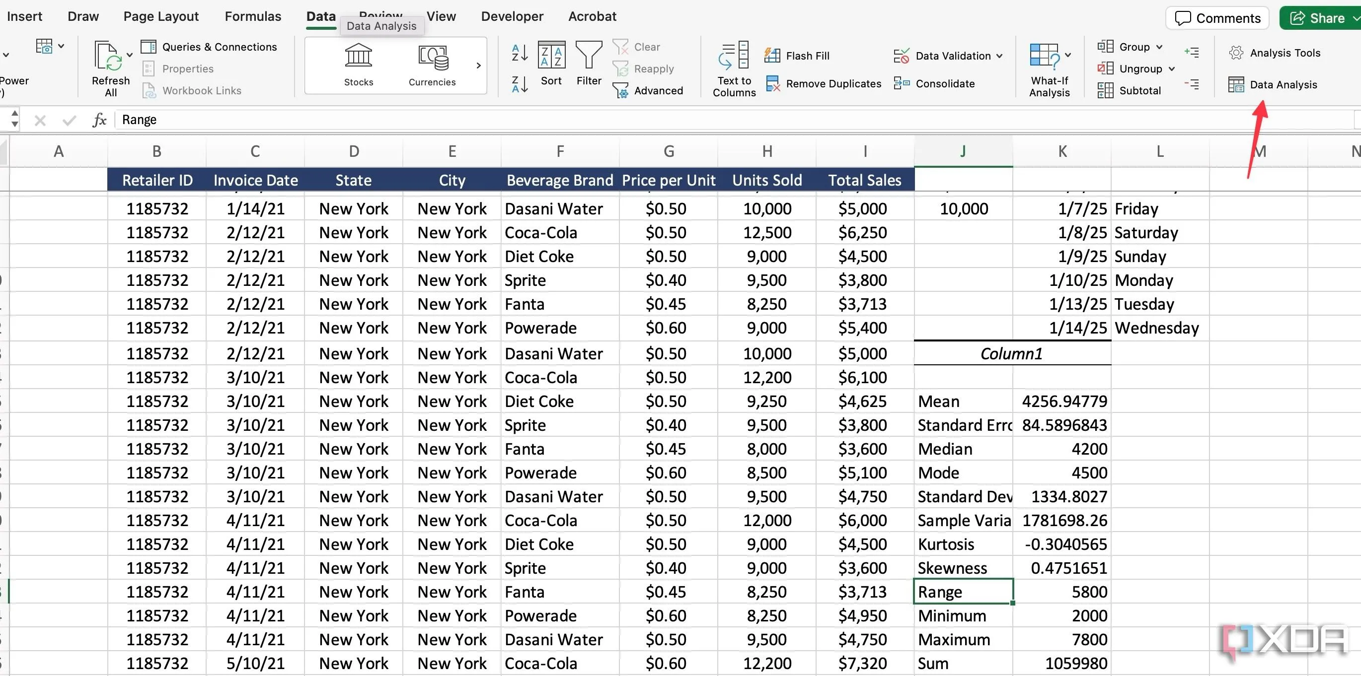 Chọn Data Analysis (Phân tích dữ liệu) trong tab Data (Dữ liệu) của Excel