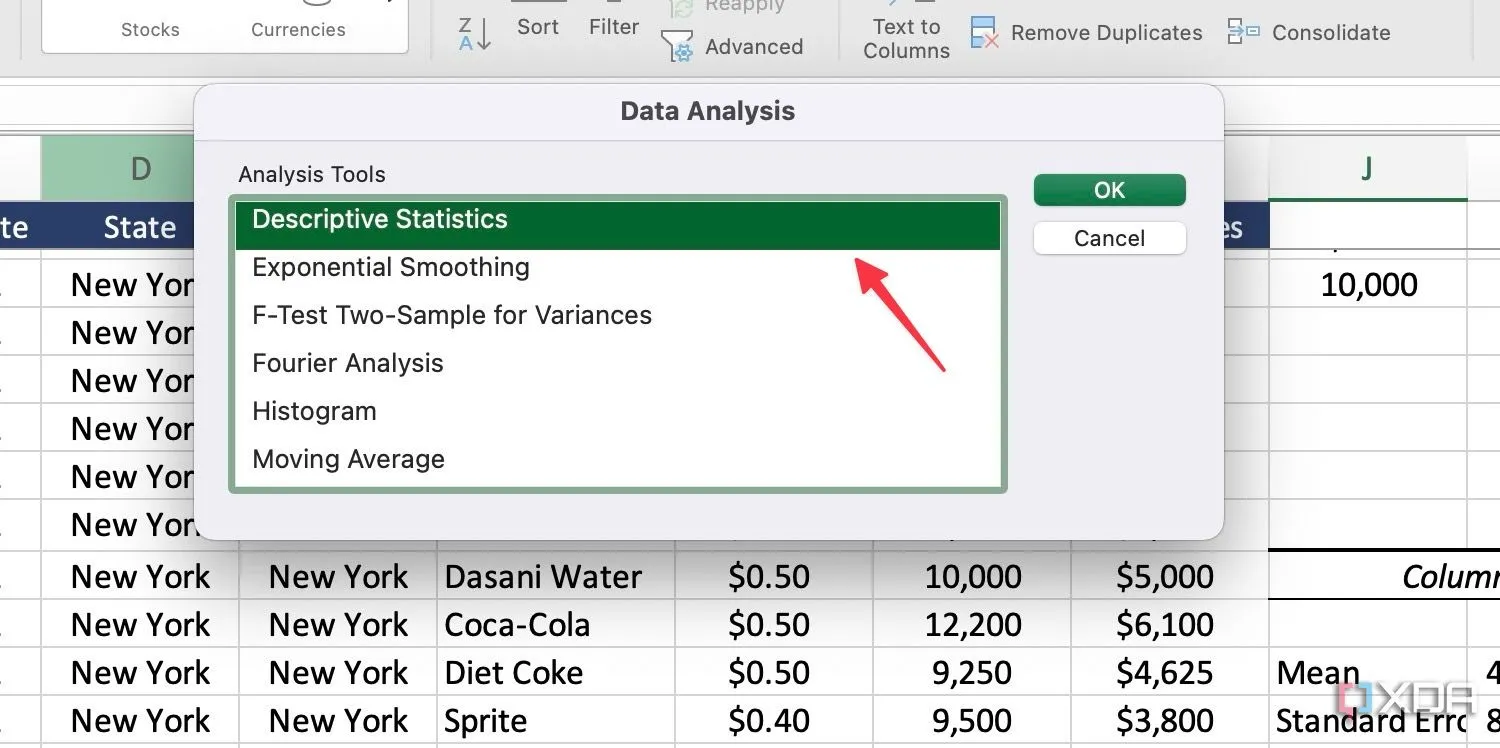 Chọn Descriptive Statistics (Thống kê mô tả) từ hộp thoại Data Analysis (Phân tích dữ liệu)