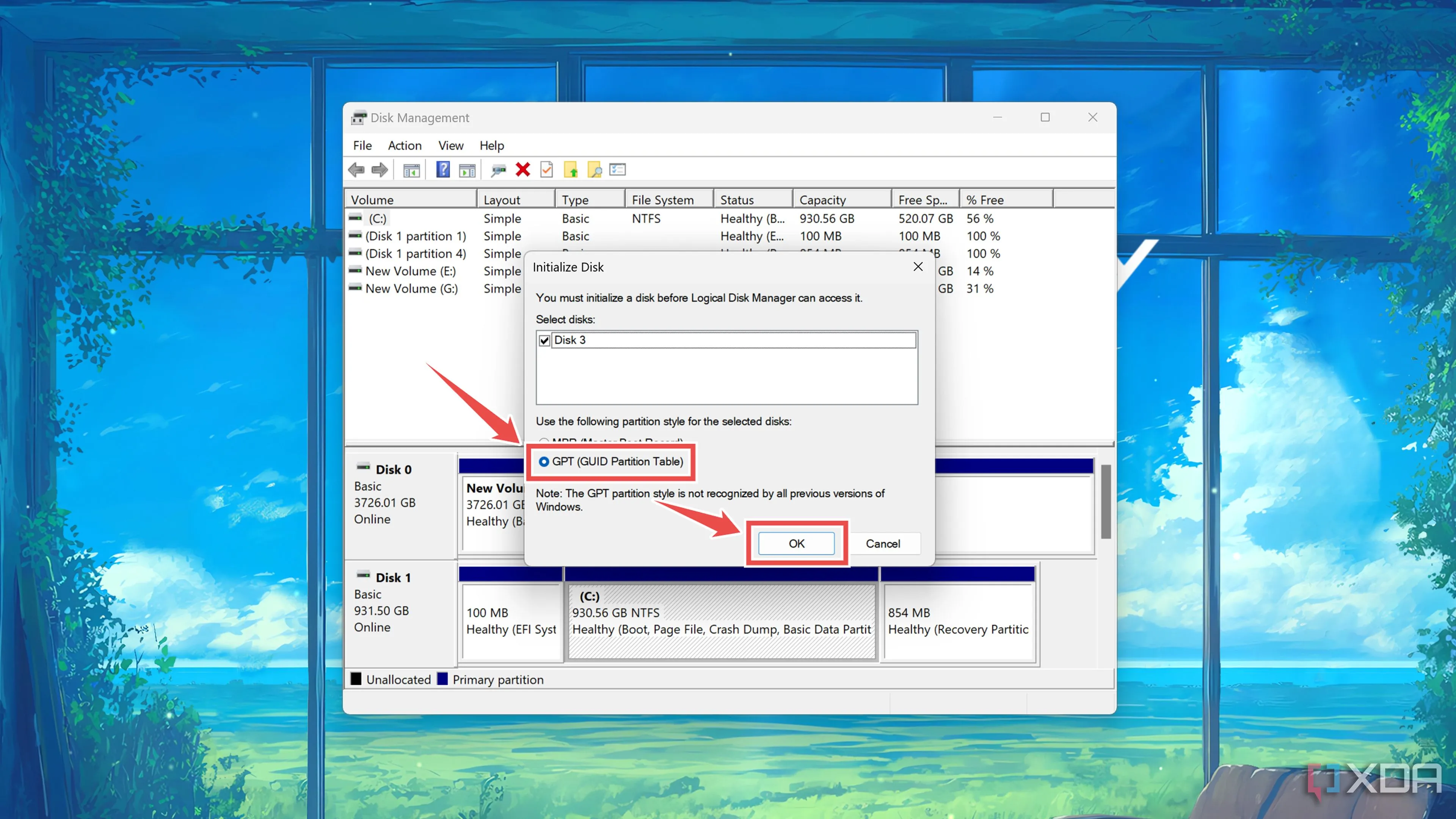 Chọn định dạng phân vùng GPT trong cửa sổ &quot;Initialize Disk&quot; của tiện ích Disk Management