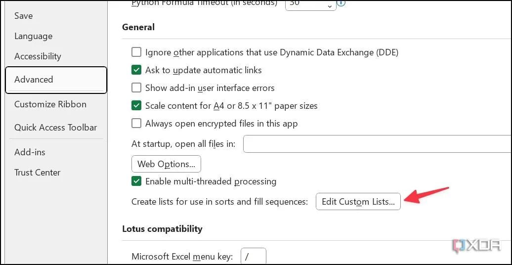 Chọn Edit Custom Lists (Chỉnh sửa Danh sách Tùy chỉnh) trong cài đặt nâng cao của Excel