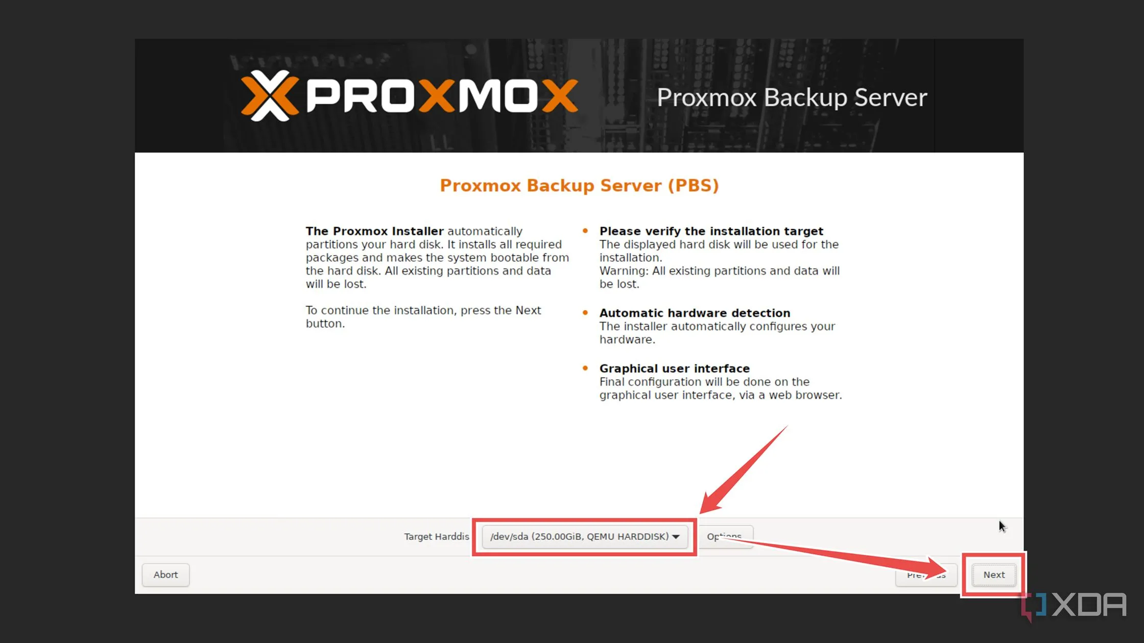 Chọn ổ đĩa sẽ cài đặt hệ điều hành Proxmox Backup Server trong trình cài đặt.