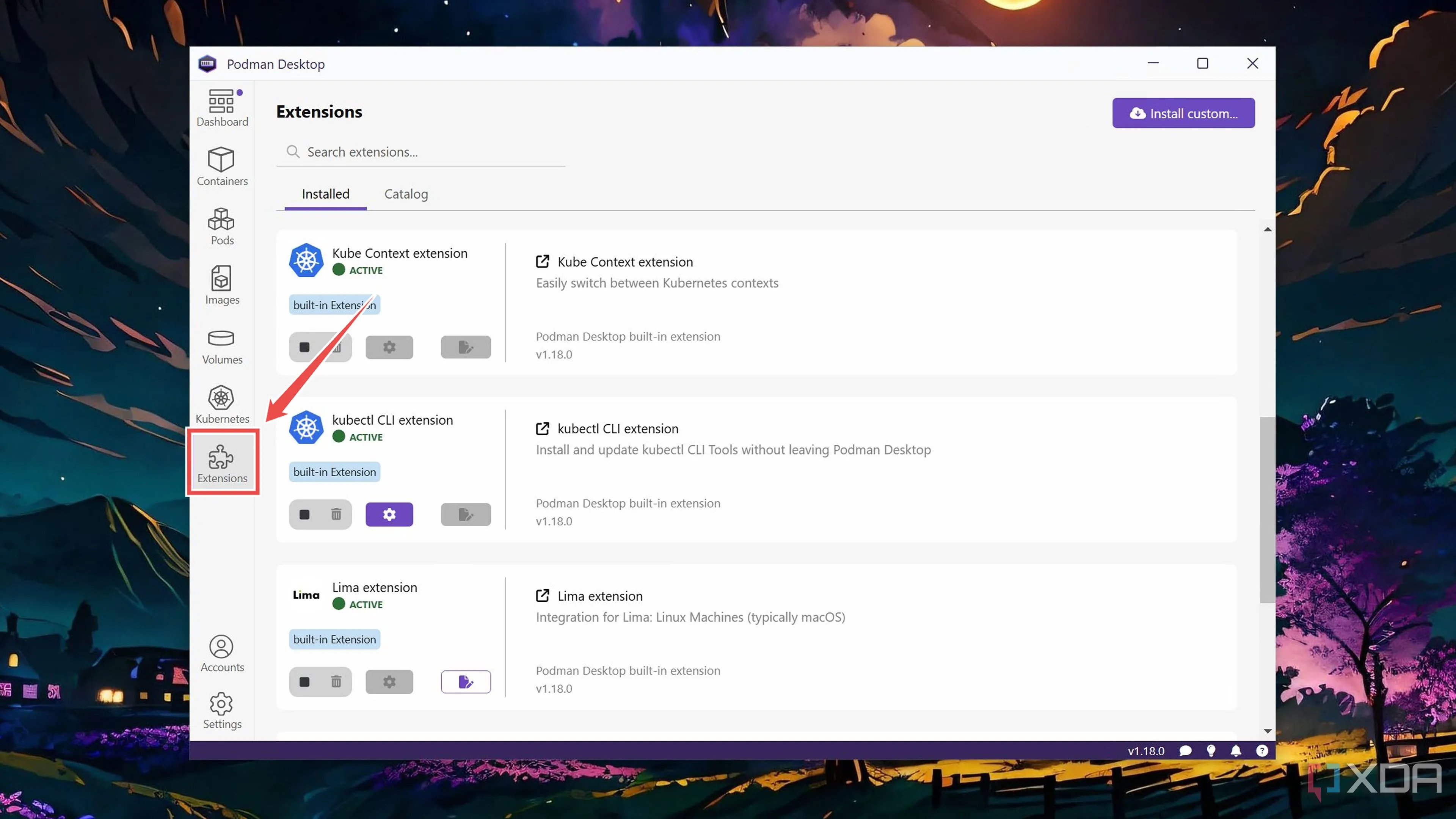 Chọn tab Extensions trong ứng dụng Podman Desktop để bắt đầu cài đặt Quadlet